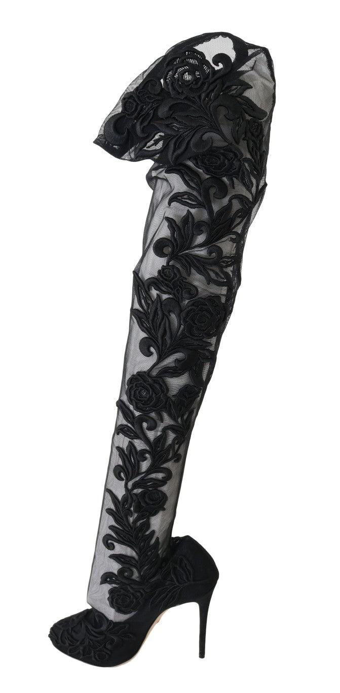 Embroidered Floral Over-Knee Boots - ventzia
