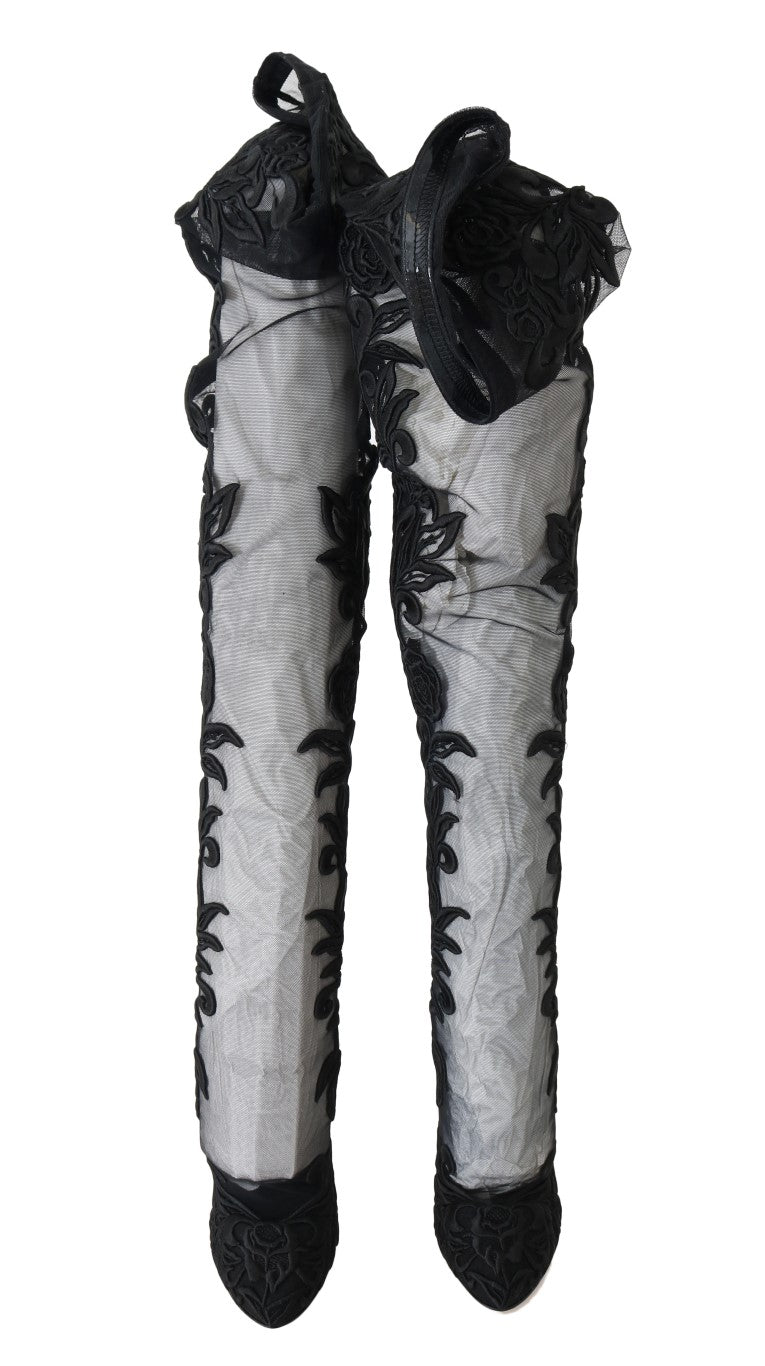 Embroidered Floral Over-Knee Boots - ventzia