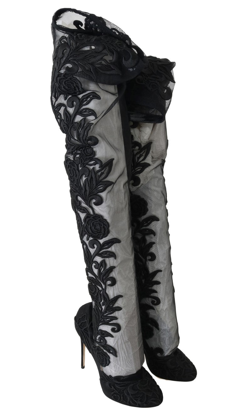 Embroidered Floral Over-Knee Boots - ventzia