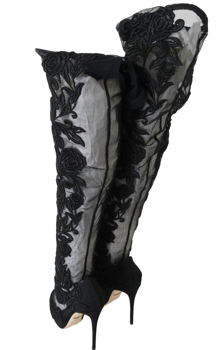 Embroidered Floral Over-Knee Boots - ventzia