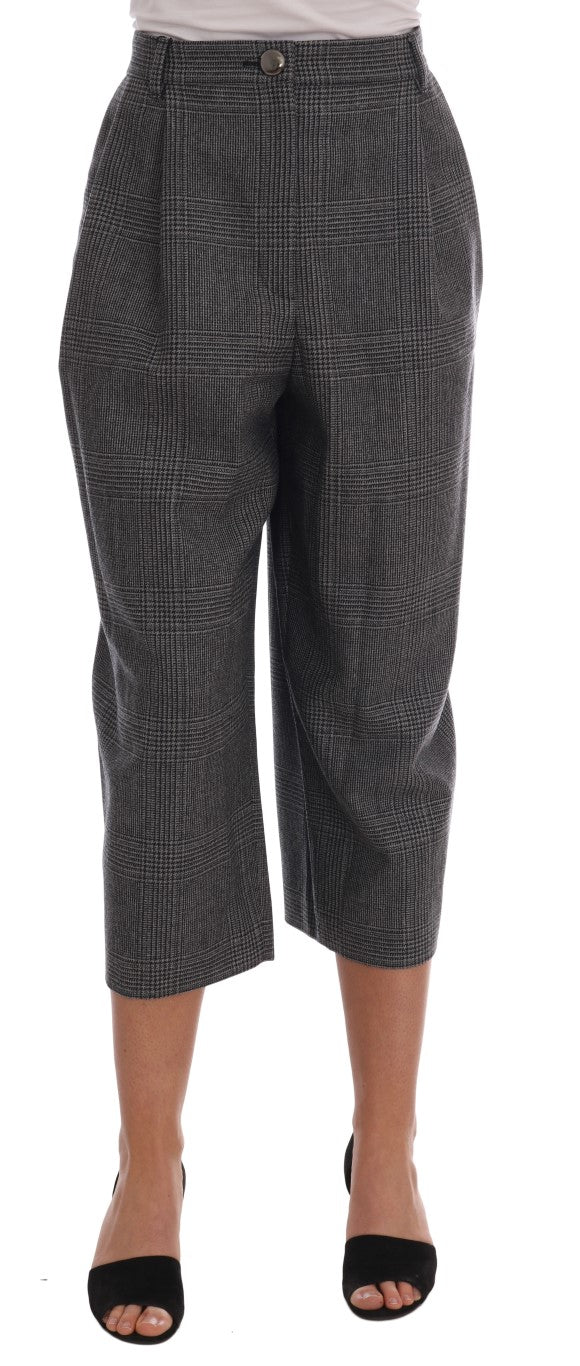 Elegant Gray Check Capri Wool Pants - ventzia