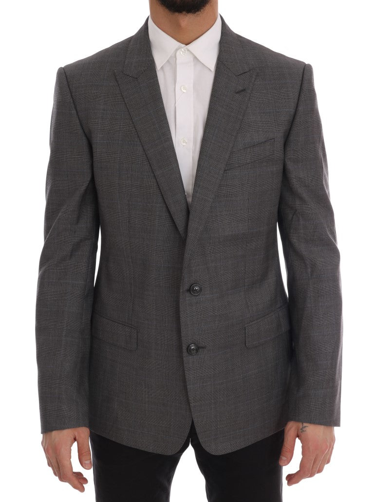 Sleek Gray Checkered Wool Blazer - ventzia