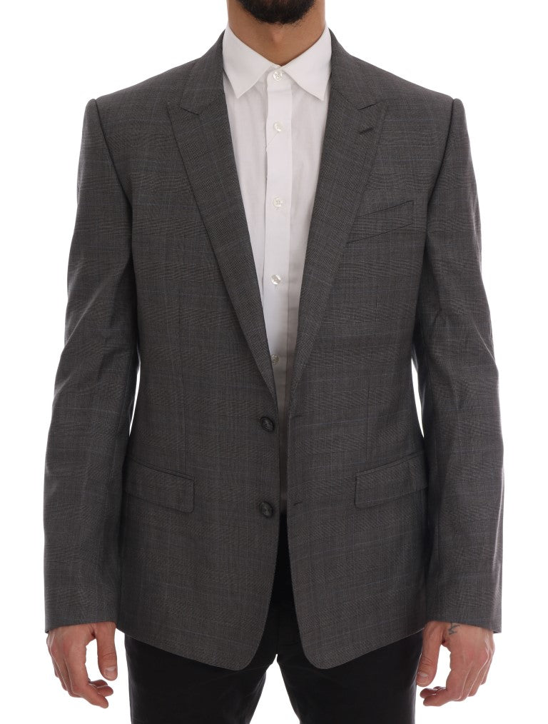 Sleek Gray Checkered Wool Blazer - ventzia