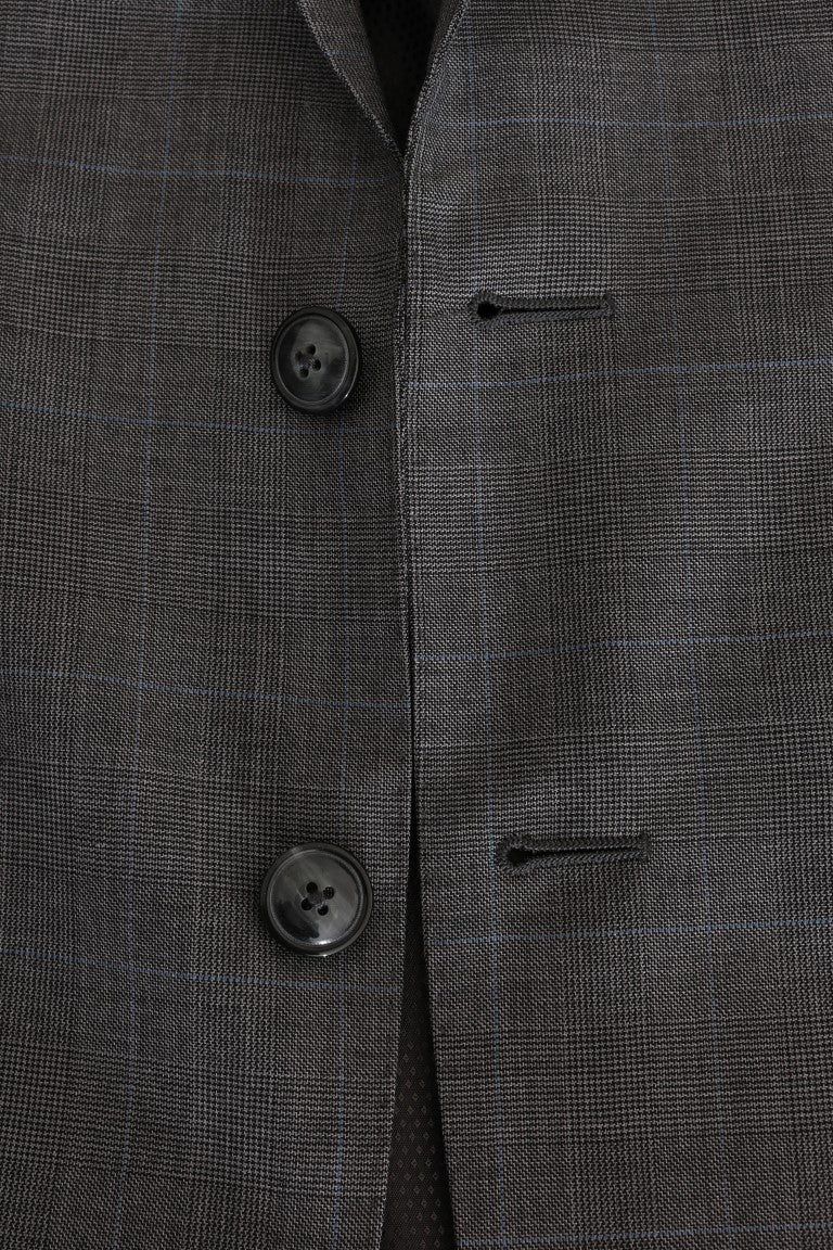 Sleek Gray Checkered Wool Blazer - ventzia