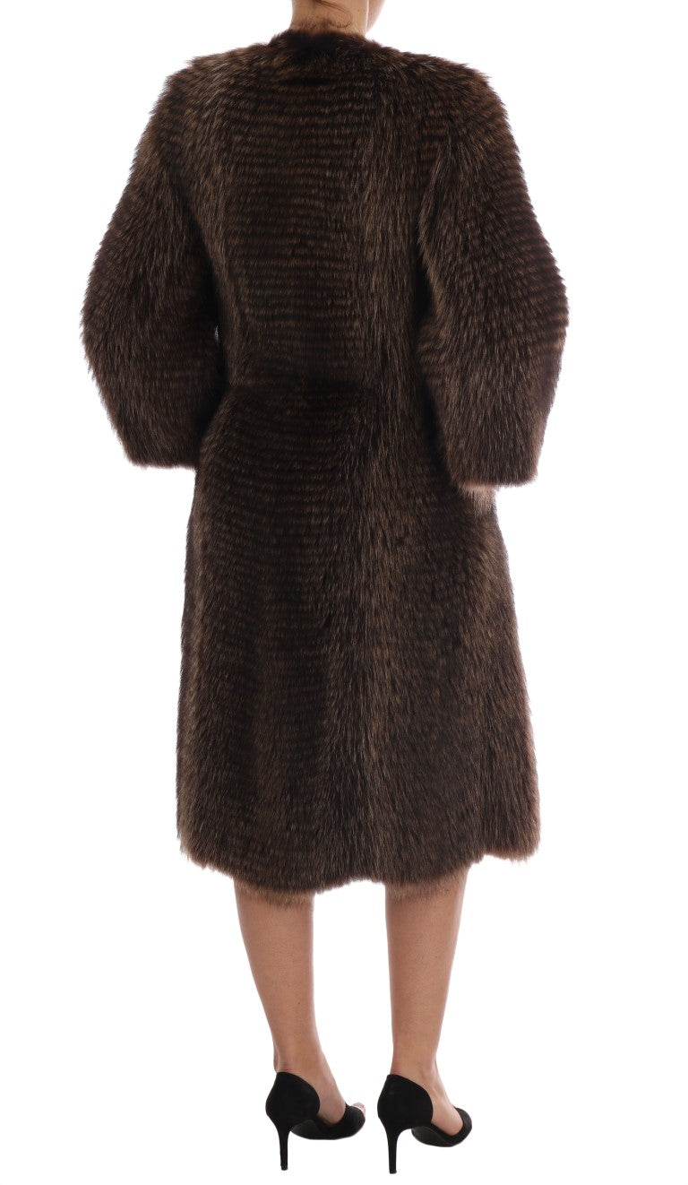 Elegant Brown Raccoon Fur Knee-Length Coat - ventzia