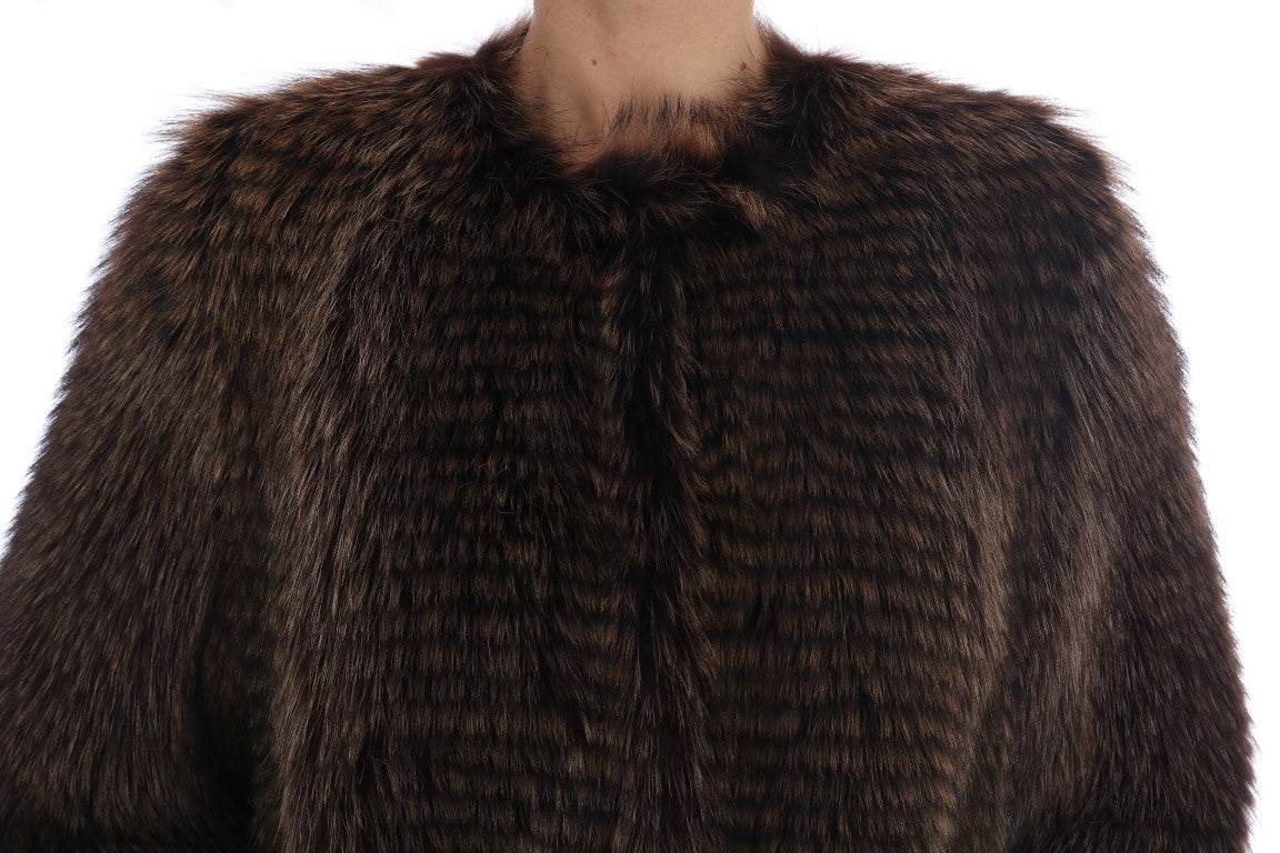 Elegant Brown Raccoon Fur Knee-Length Coat - ventzia