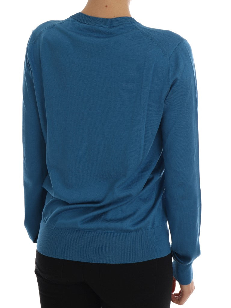 Blue Silk Sequined Capri Pullover Sweater - ventzia