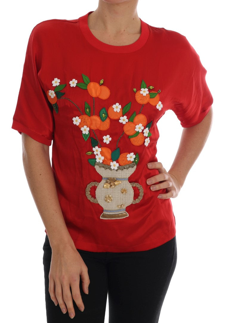 Red Silk Floral Embroidered Elegance Top - ventzia