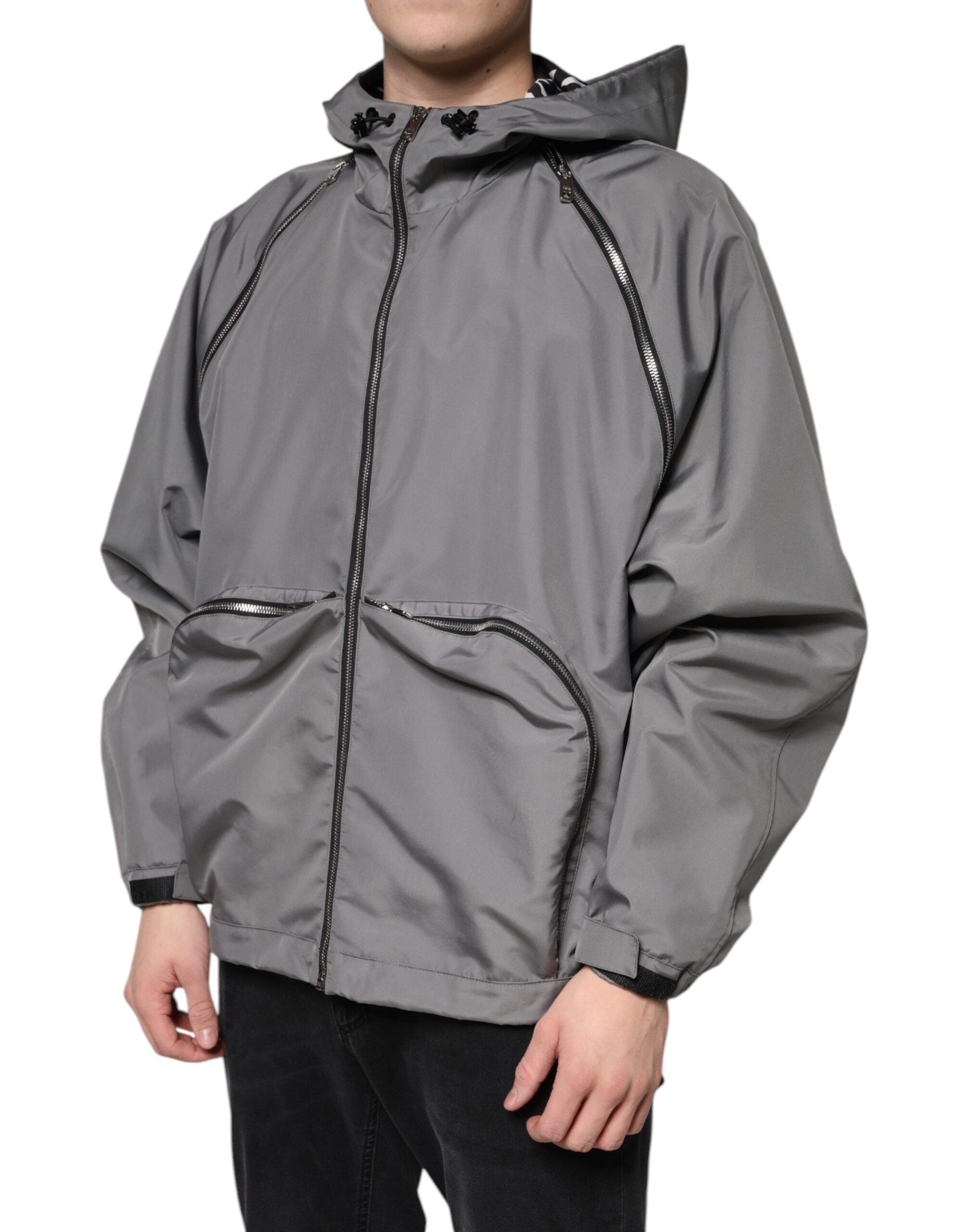 Gray Polyester Hooded Men Full Zip Jacket - ventzia