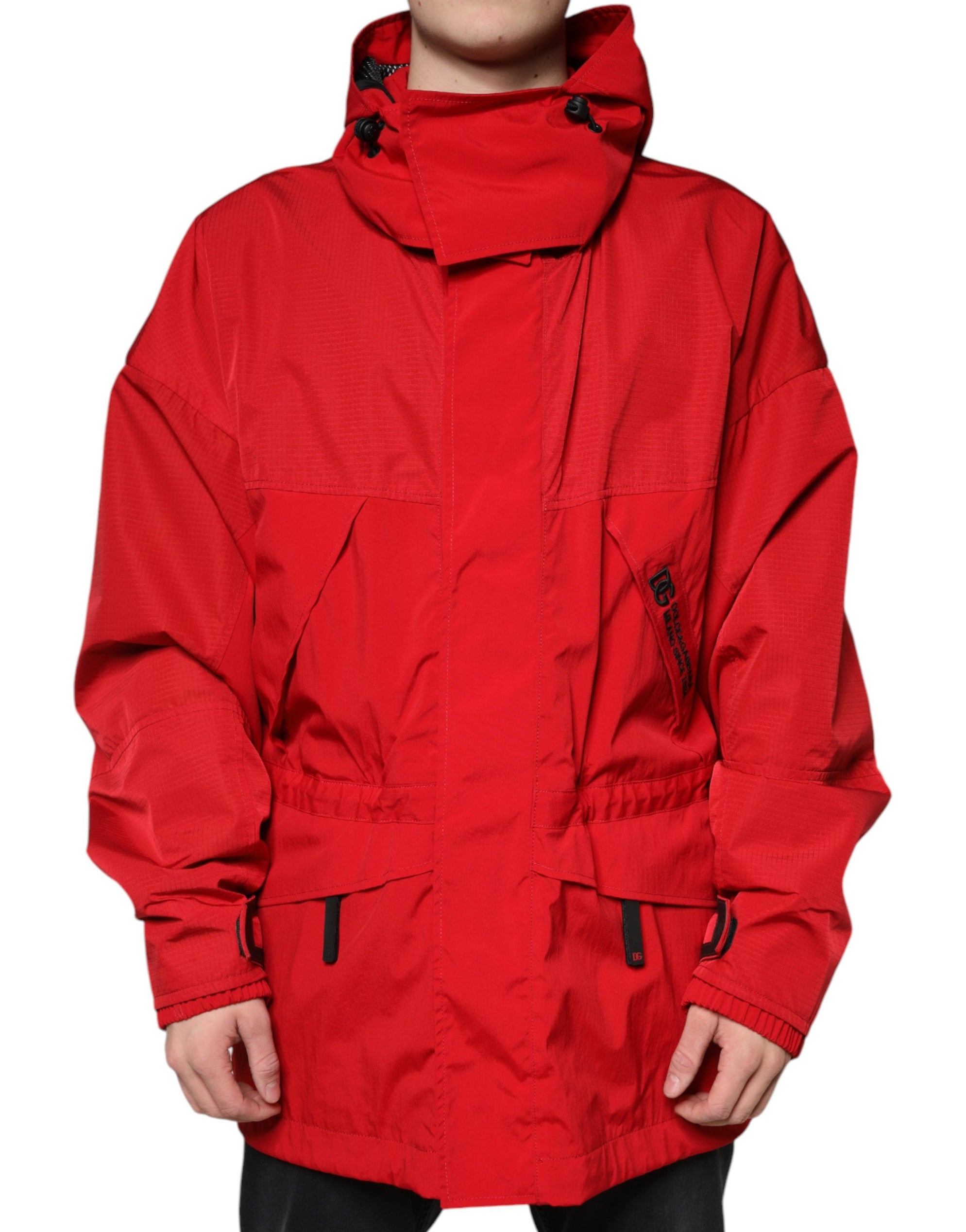 Red Nylon Hooded Men Full Zip Parka Jacket - ventzia