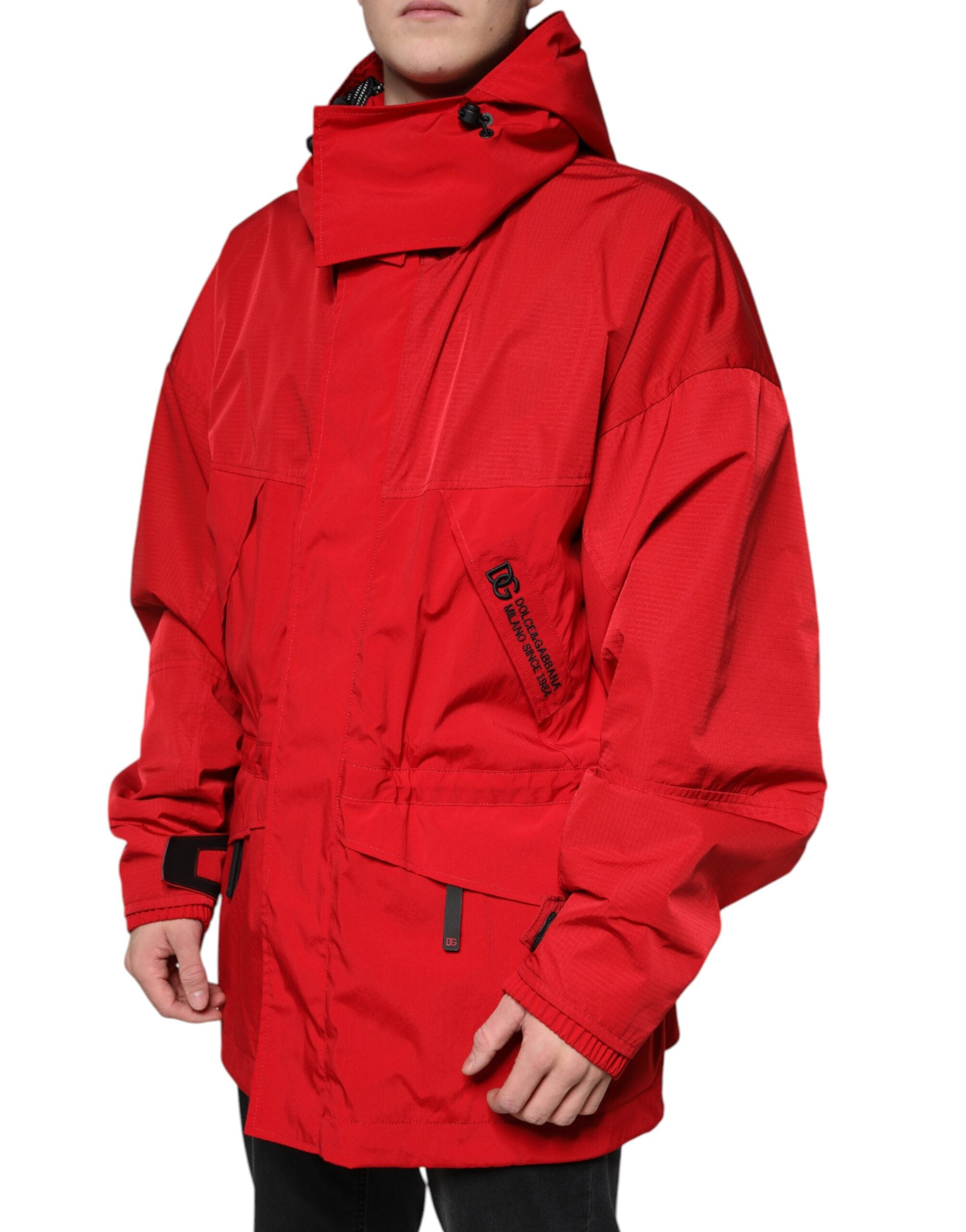 Red Nylon Hooded Men Full Zip Parka Jacket - ventzia