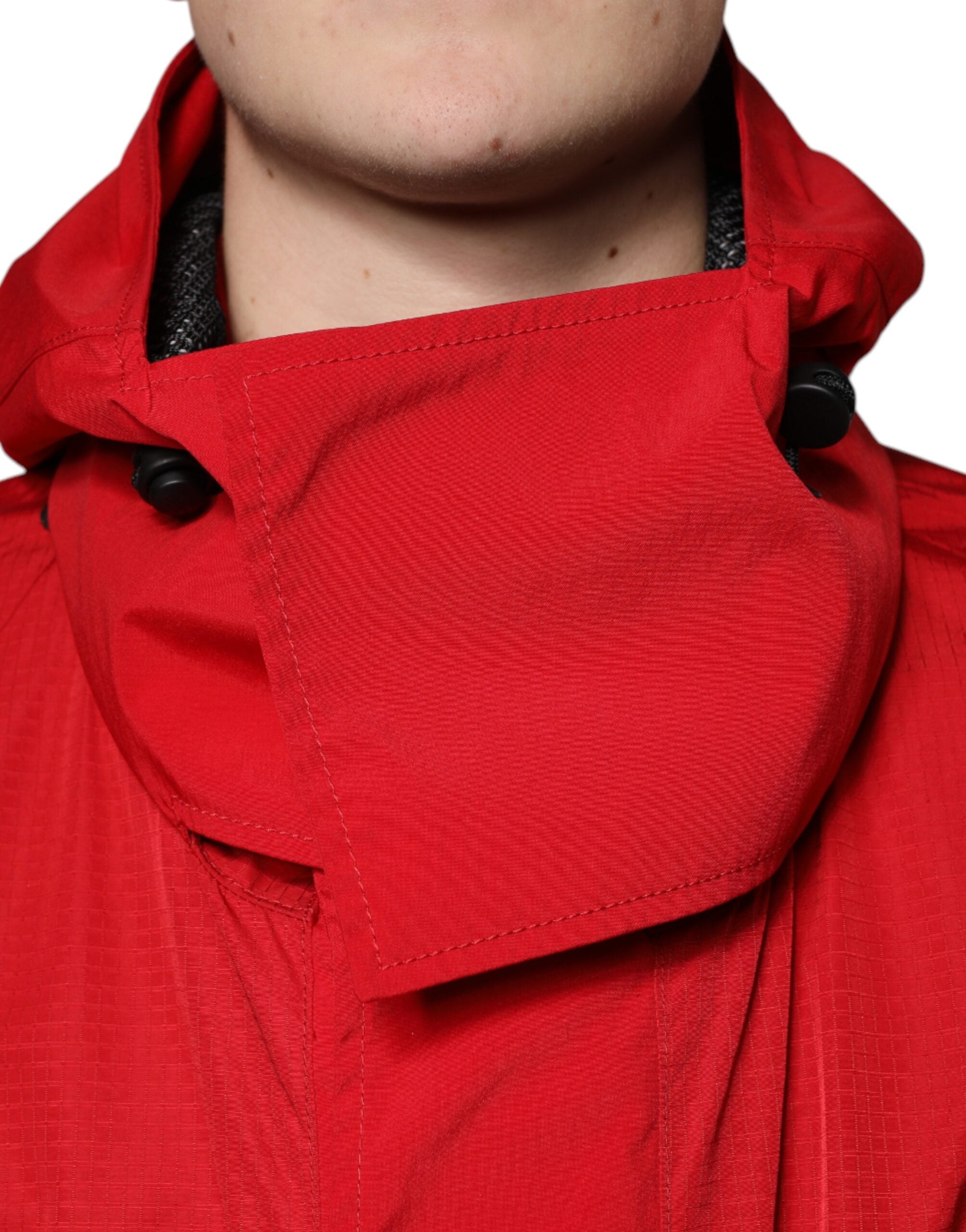 Red Nylon Hooded Men Full Zip Parka Jacket - ventzia