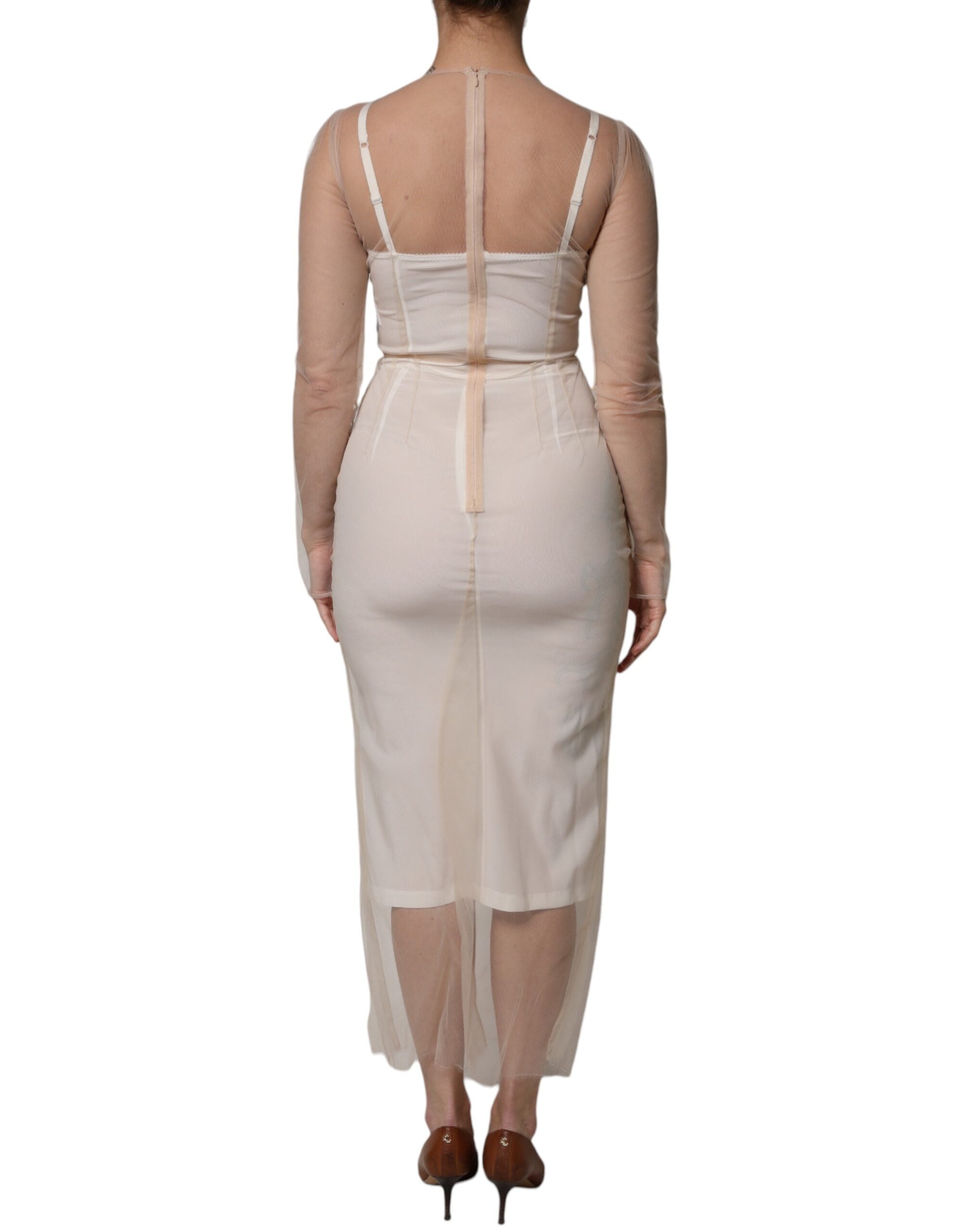White Sheer Tulle Bustier Bodycon Midi Dress - ventzia