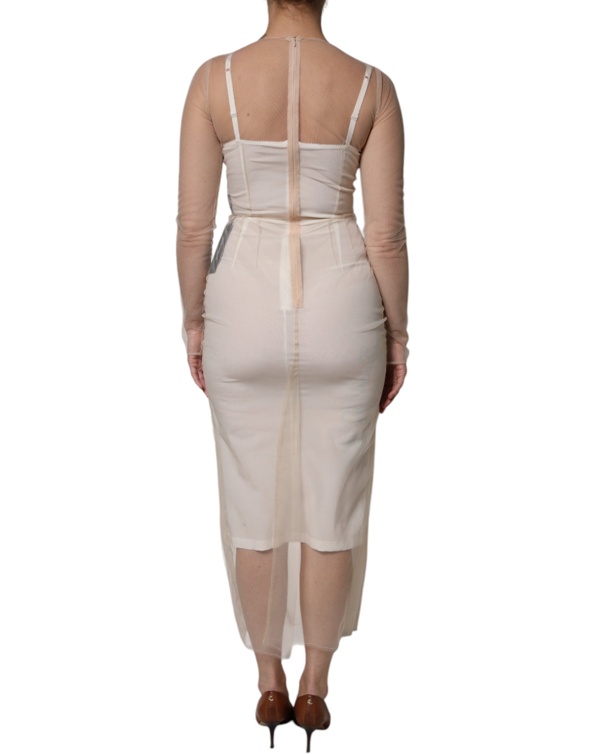 White Sheer Tulle Bustier Bodycon Midi Dress - ventzia