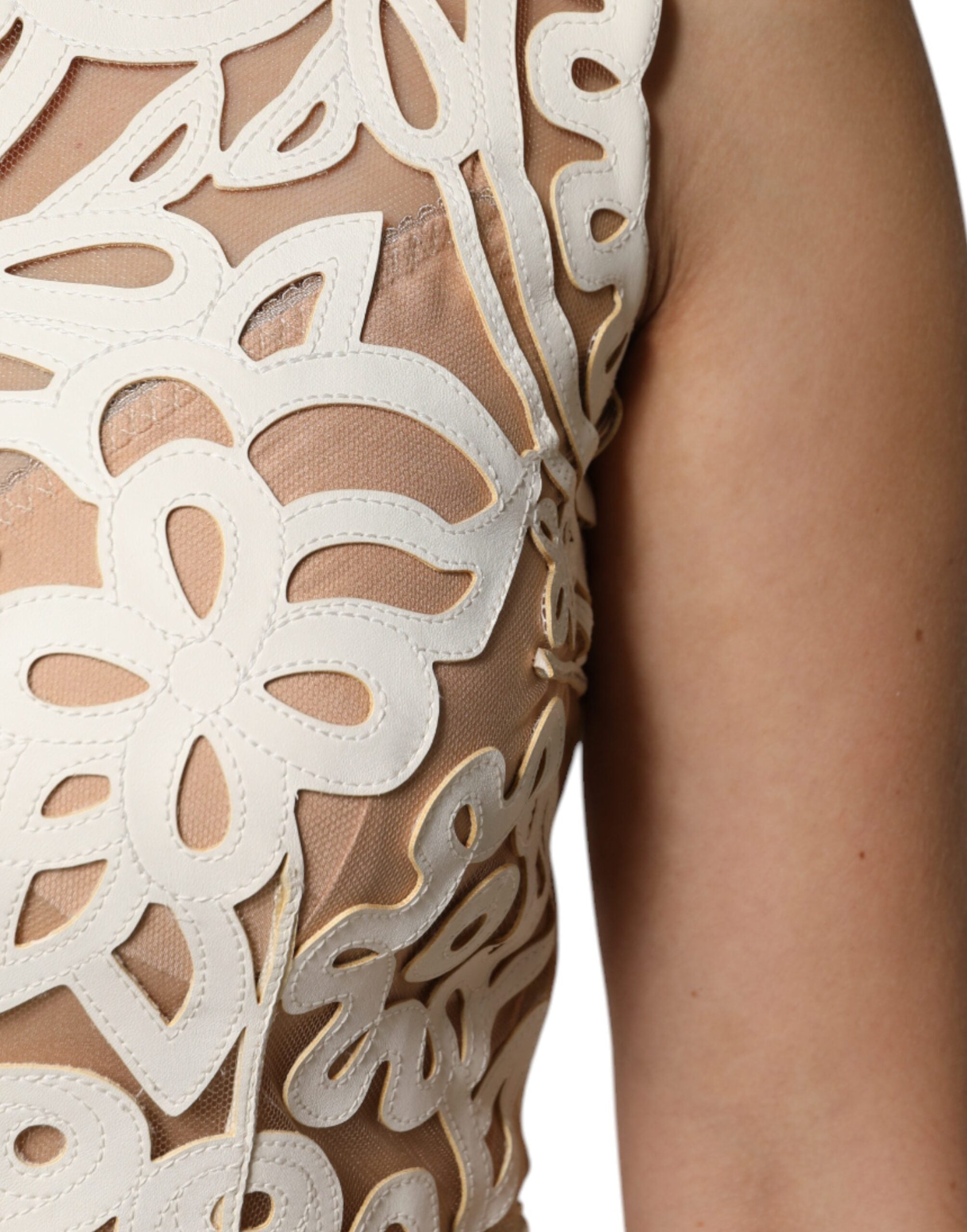 White Cut Out Leather Sleeveless Midi Dress - ventzia