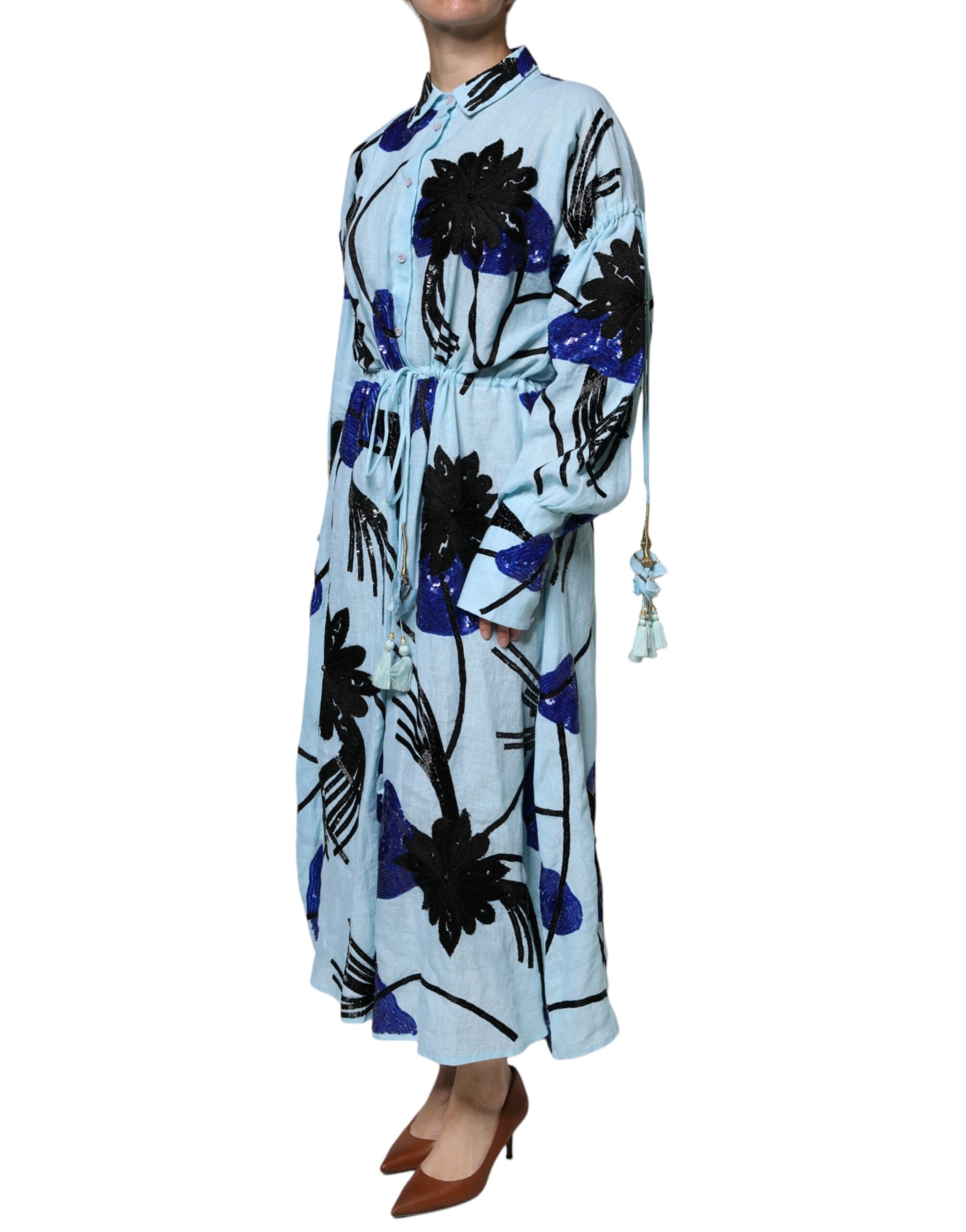 Light Blue Floral Embellished Shirt Maxi Dress - ventzia