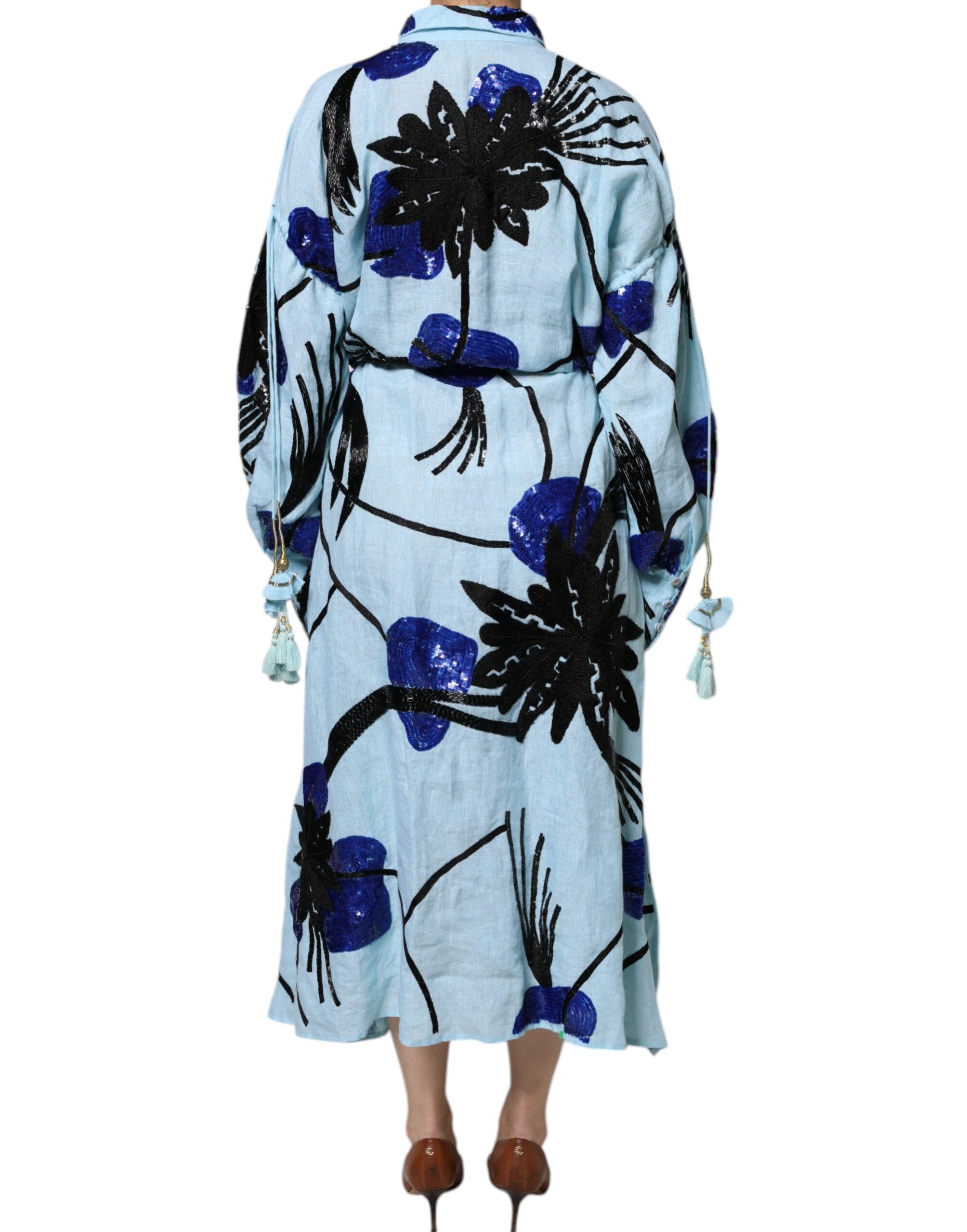 Light Blue Floral Embellished Shirt Maxi Dress - ventzia