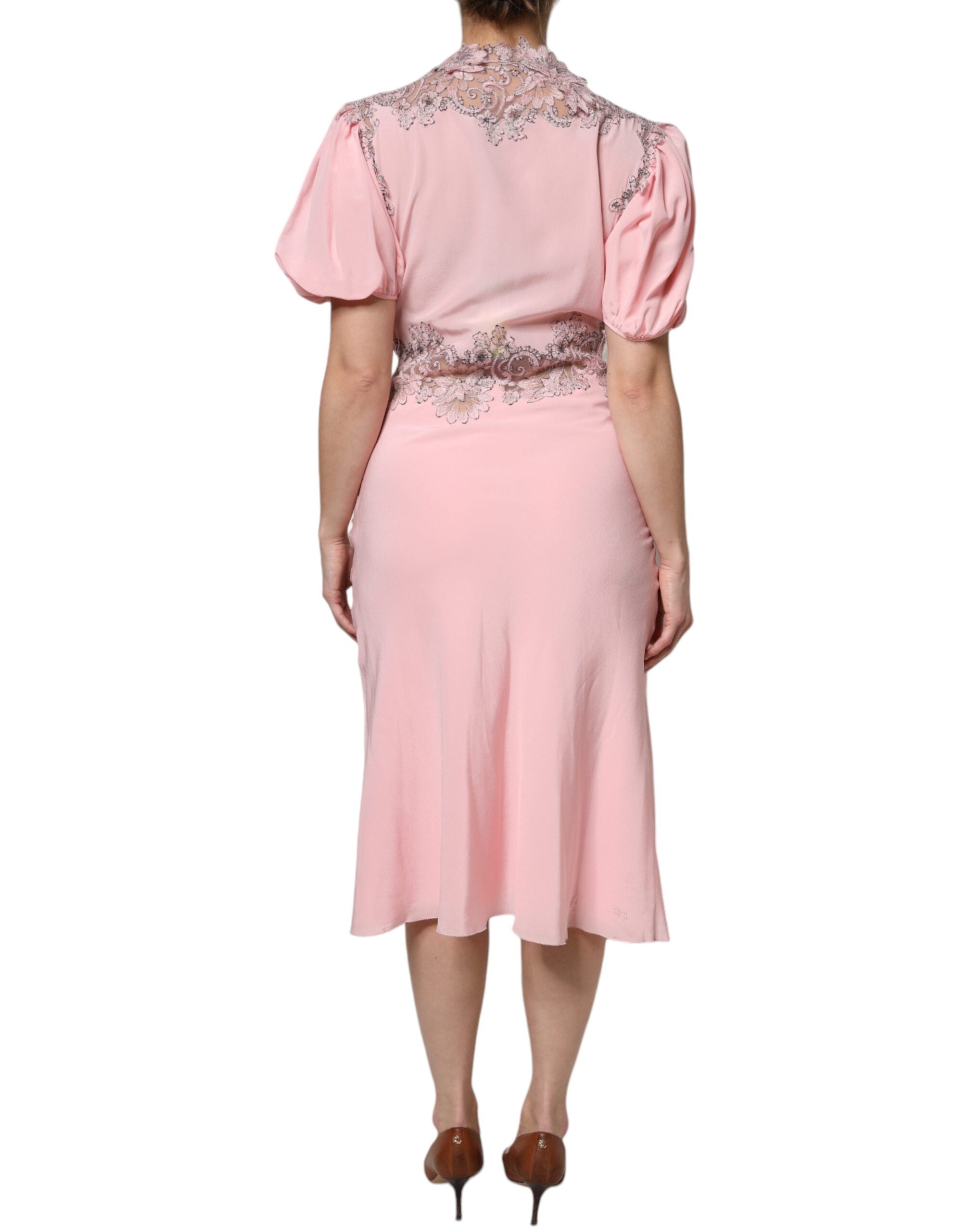 Pink Floral Lace Short Sleeves V-neck Midi Dress - ventzia