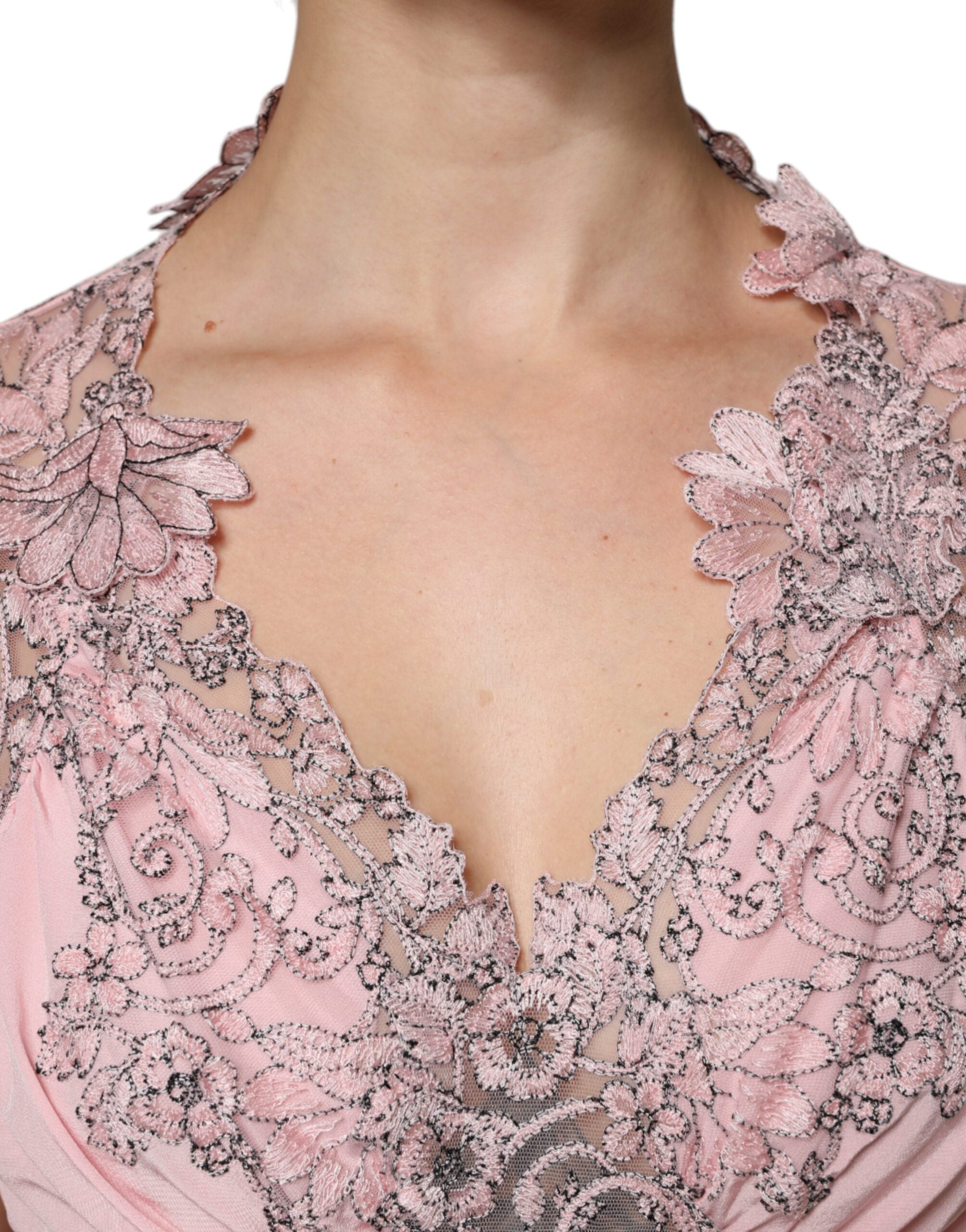 Pink Floral Lace Short Sleeves V-neck Midi Dress - ventzia