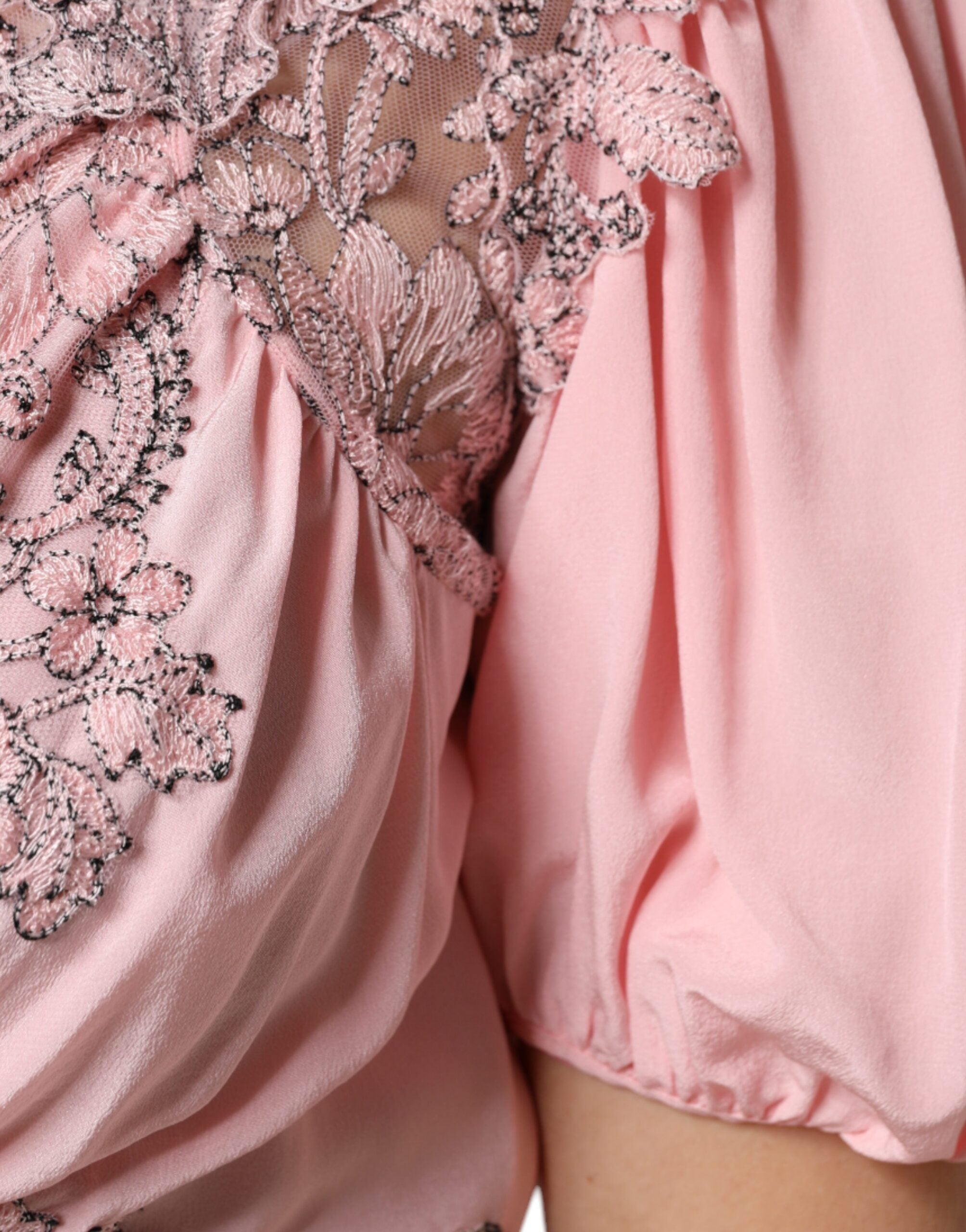 Pink Floral Lace Short Sleeves V-neck Midi Dress - ventzia