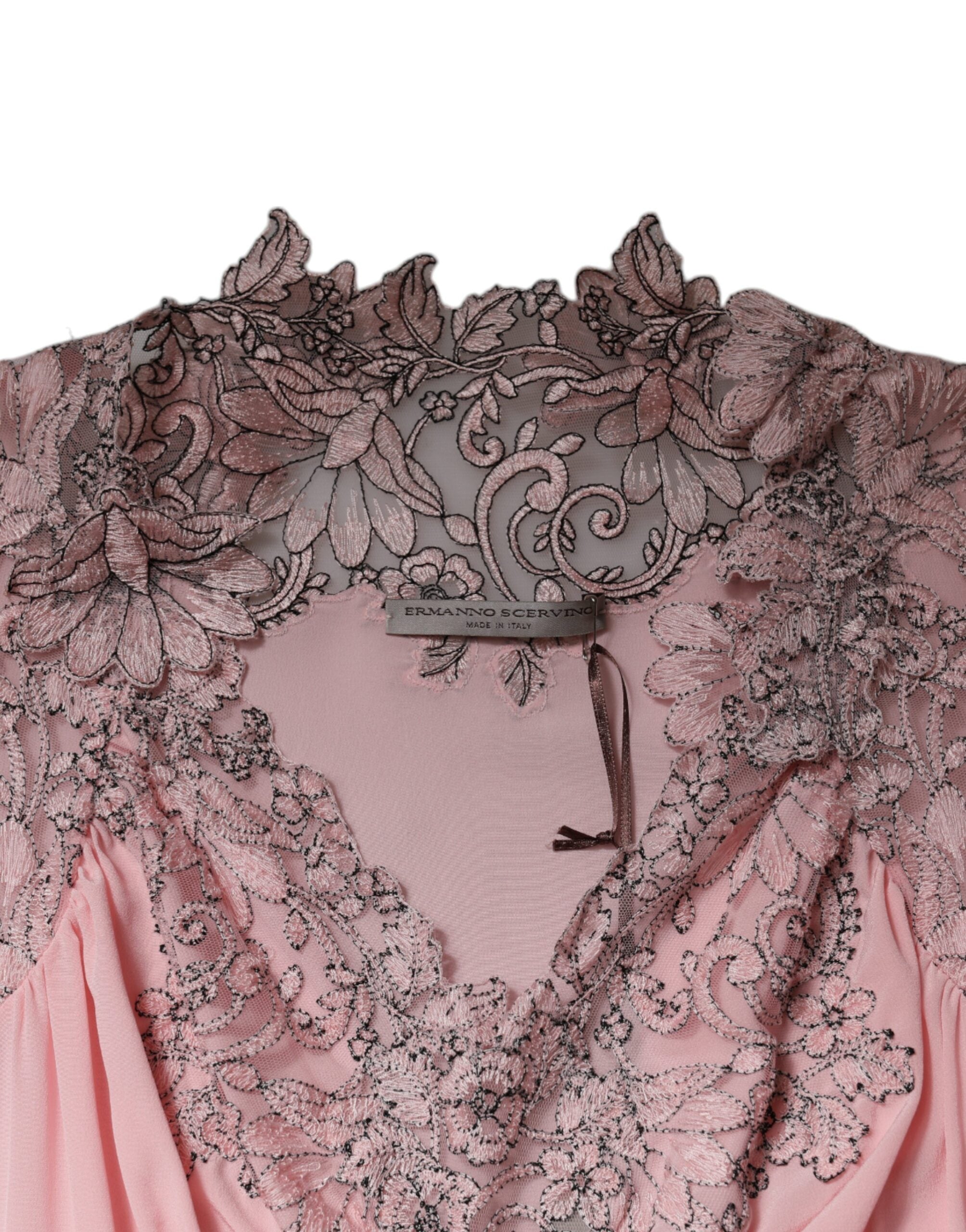 Pink Floral Lace Short Sleeves V-neck Midi Dress - ventzia