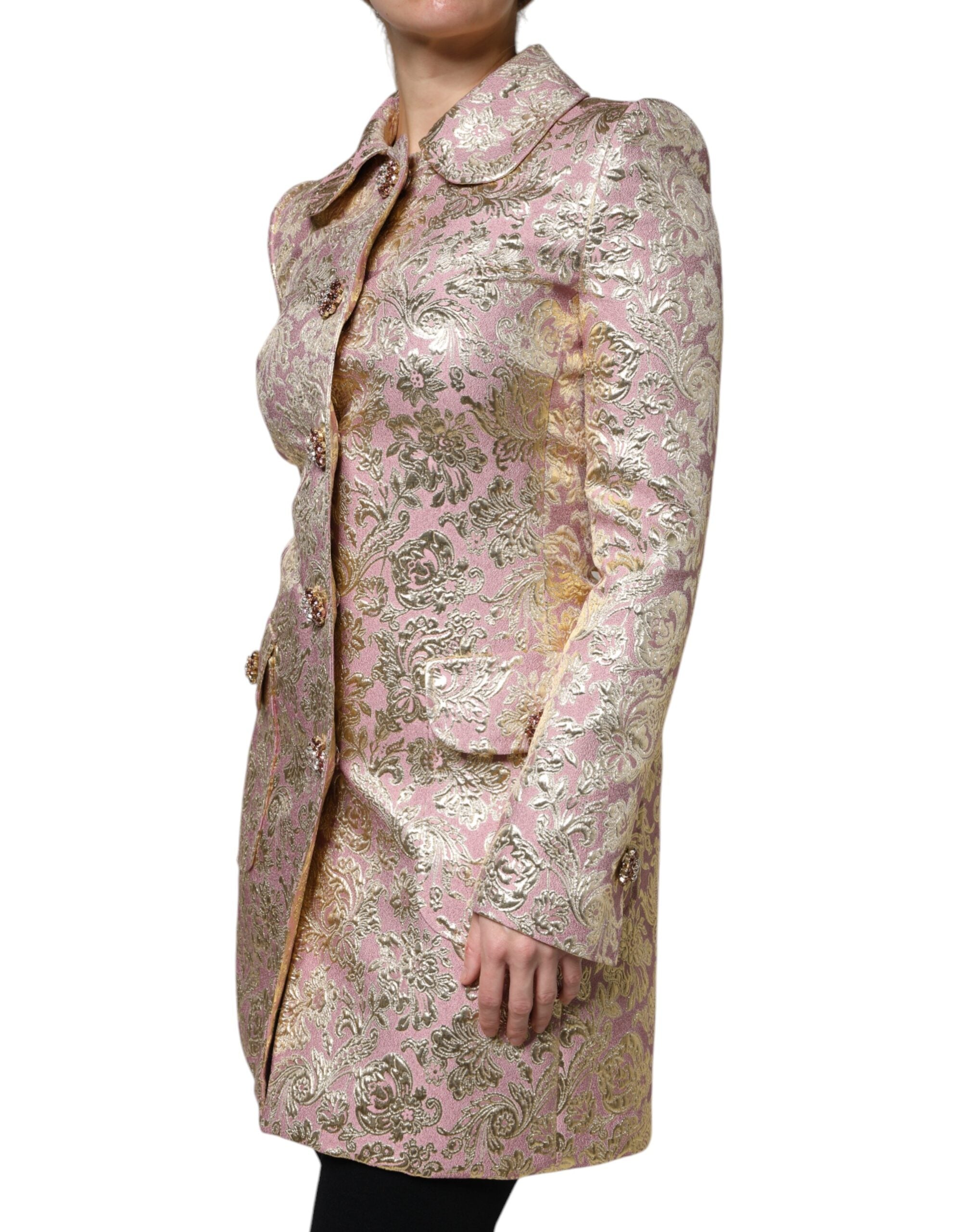 Metallic Pink Gold Jacquard Jewel Button Coat Jacket - ventzia