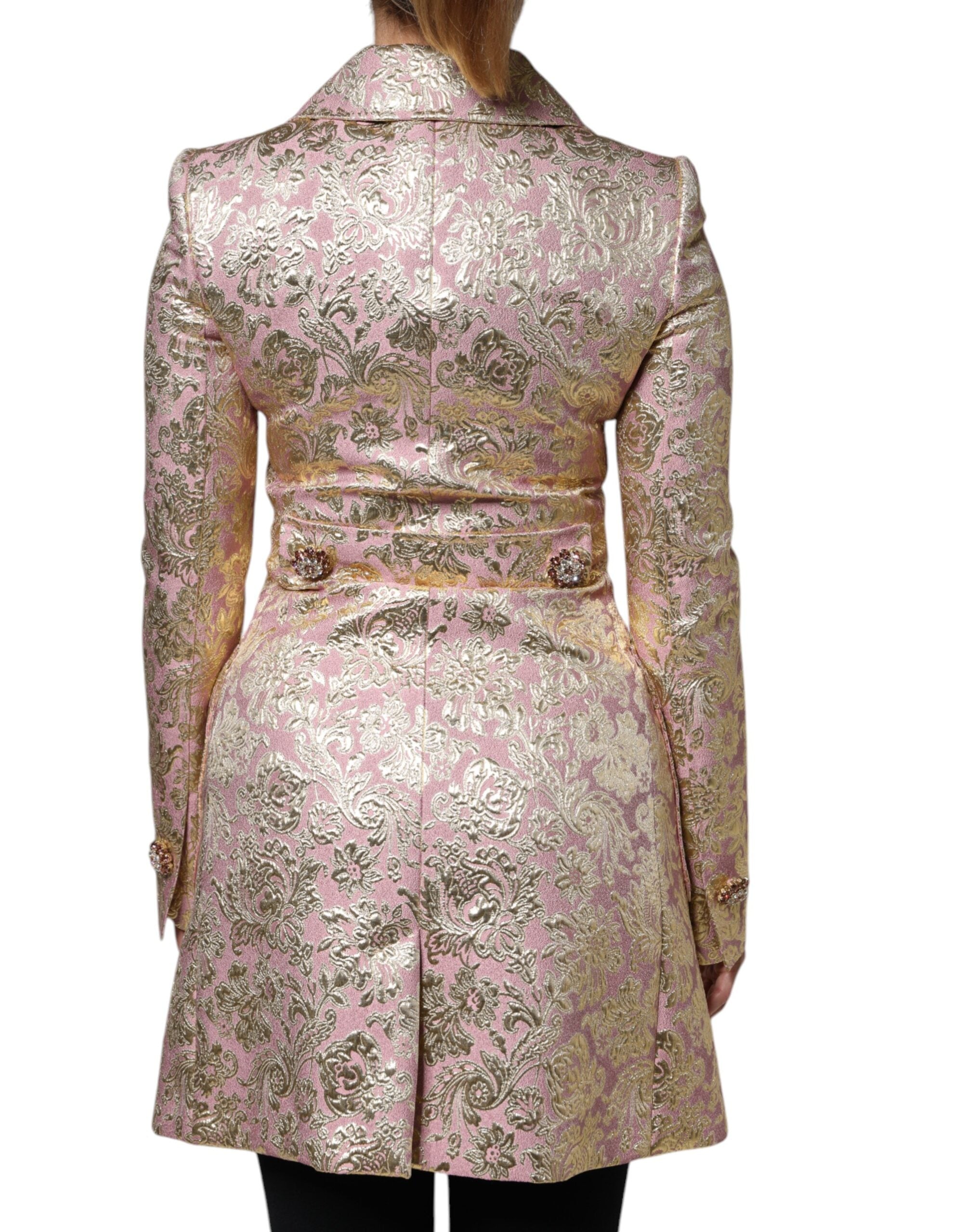 Metallic Pink Gold Jacquard Jewel Button Coat Jacket - ventzia