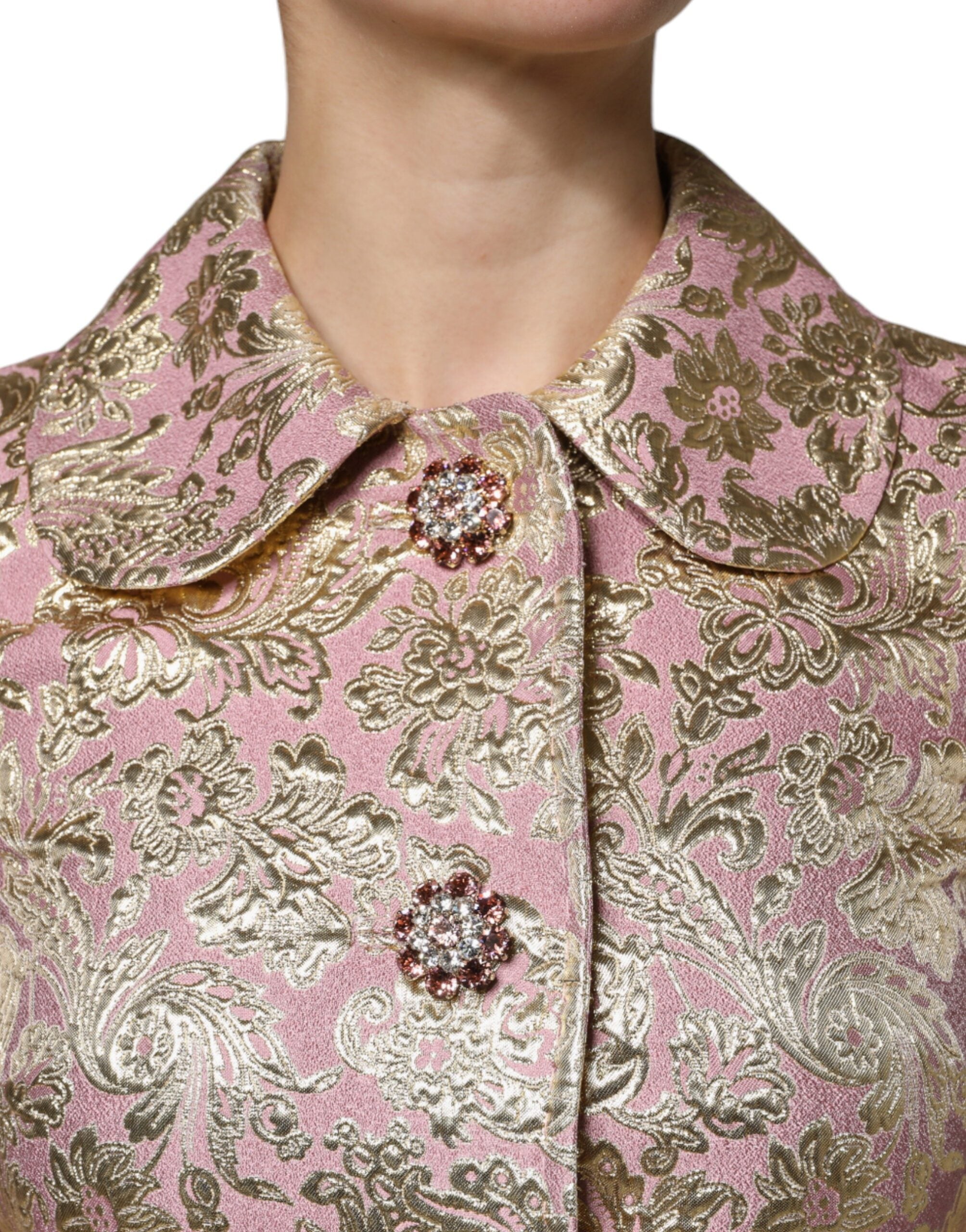 Metallic Pink Gold Jacquard Jewel Button Coat Jacket - ventzia
