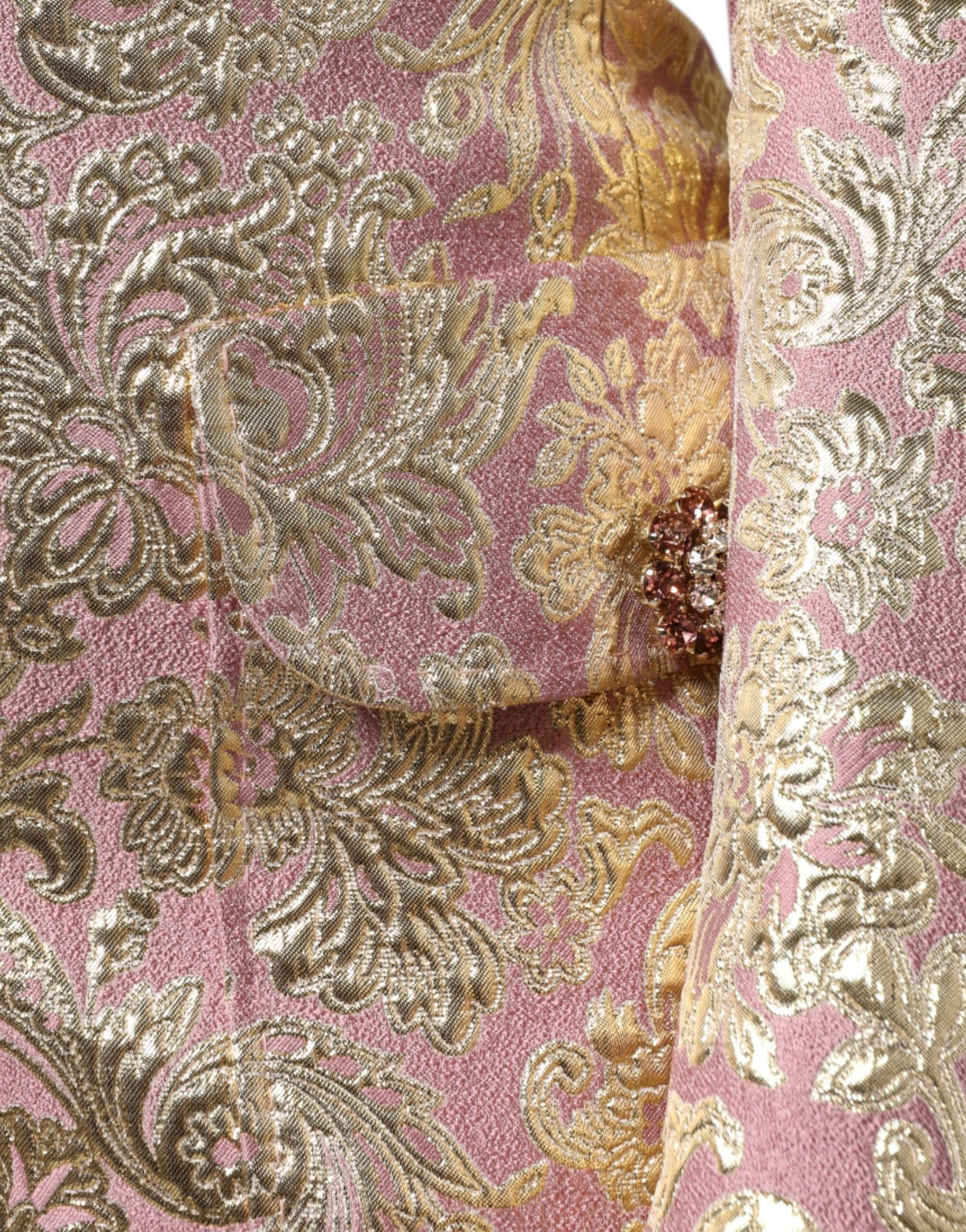 Metallic Pink Gold Jacquard Jewel Button Coat Jacket - ventzia