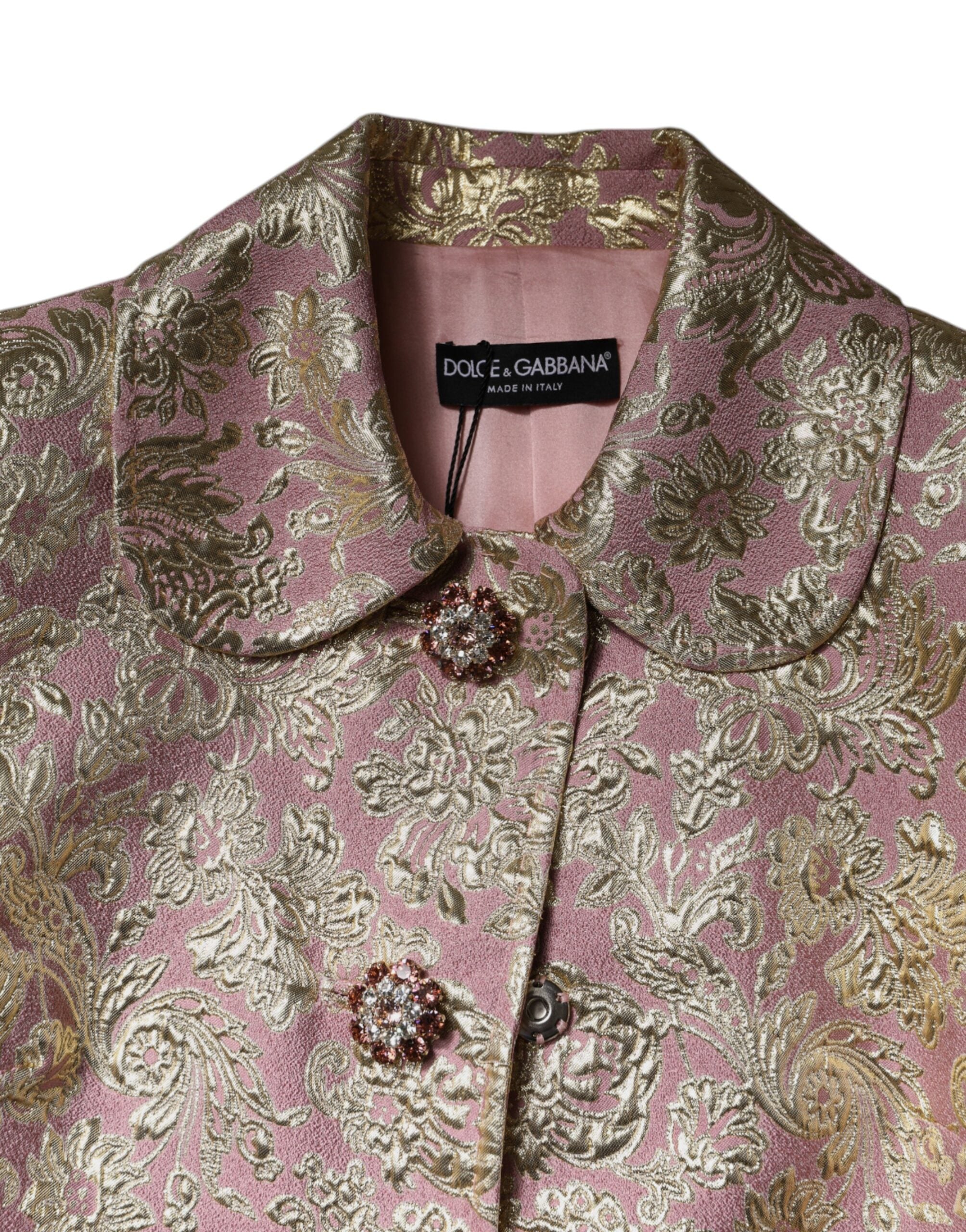 Metallic Pink Gold Jacquard Jewel Button Coat Jacket - ventzia