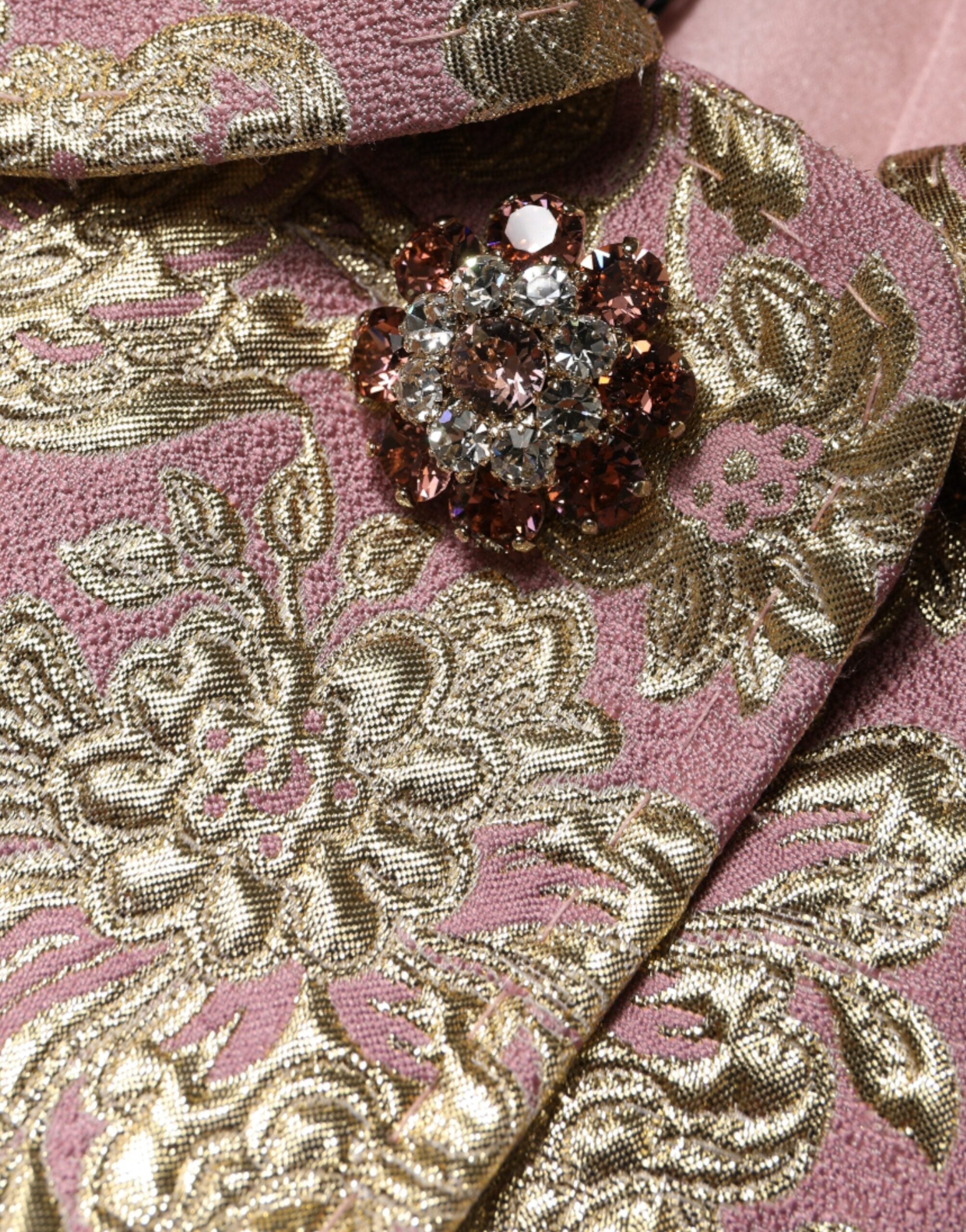 Metallic Pink Gold Jacquard Jewel Button Coat Jacket - ventzia