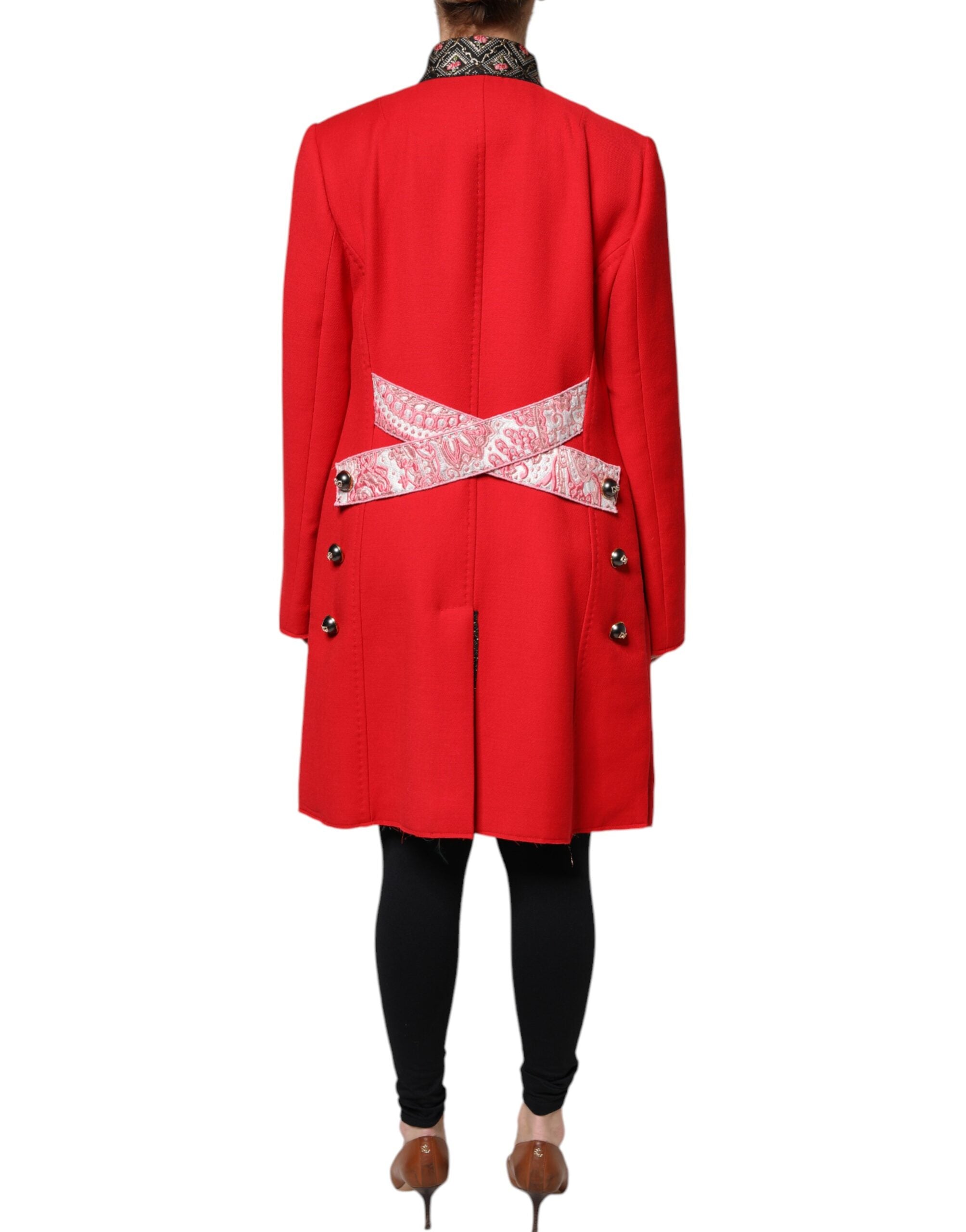 Red Jacquard Wool Women Trenchcoat Jacket - ventzia