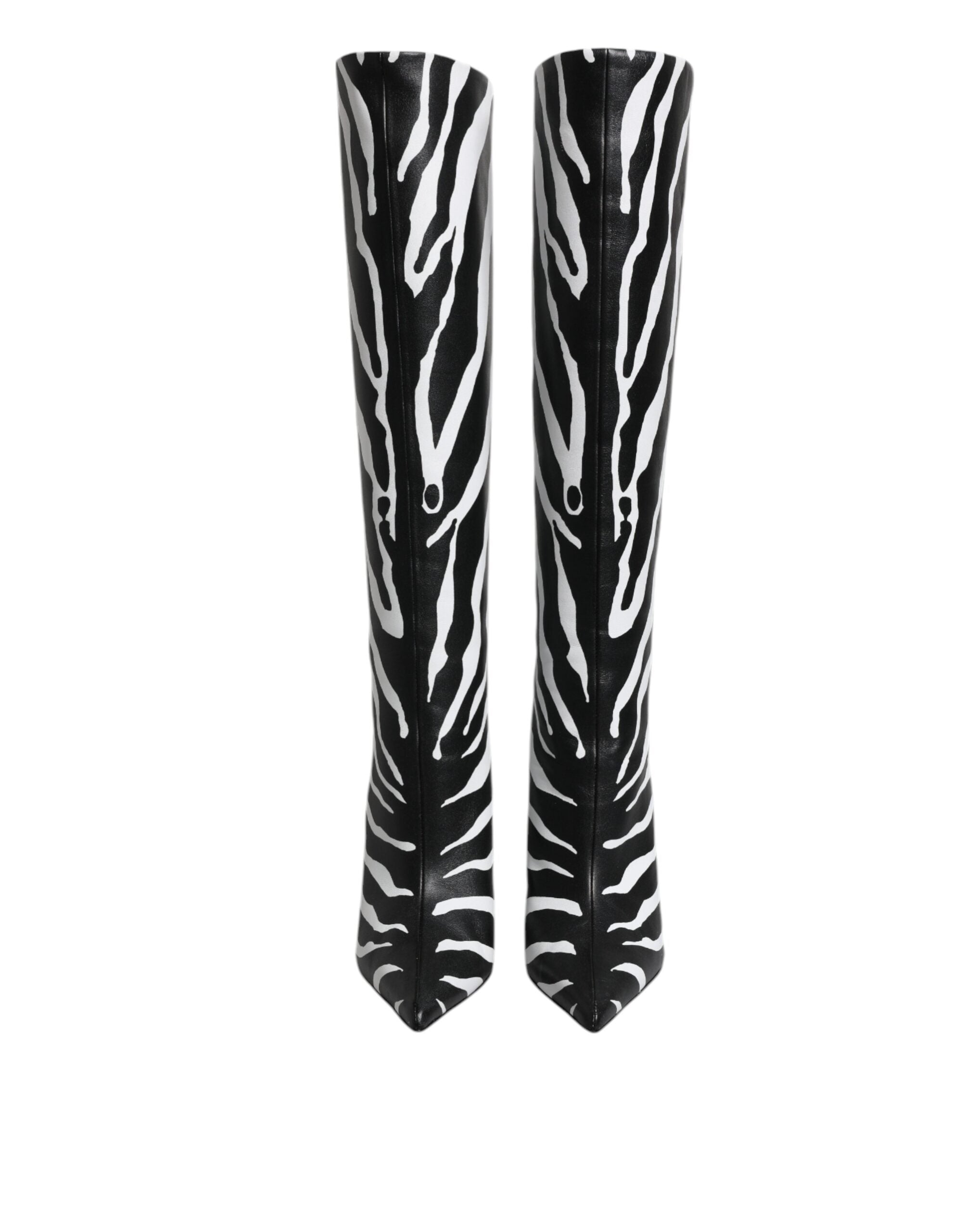 Black White Zebra Heels High Boots Shoes - ventzia