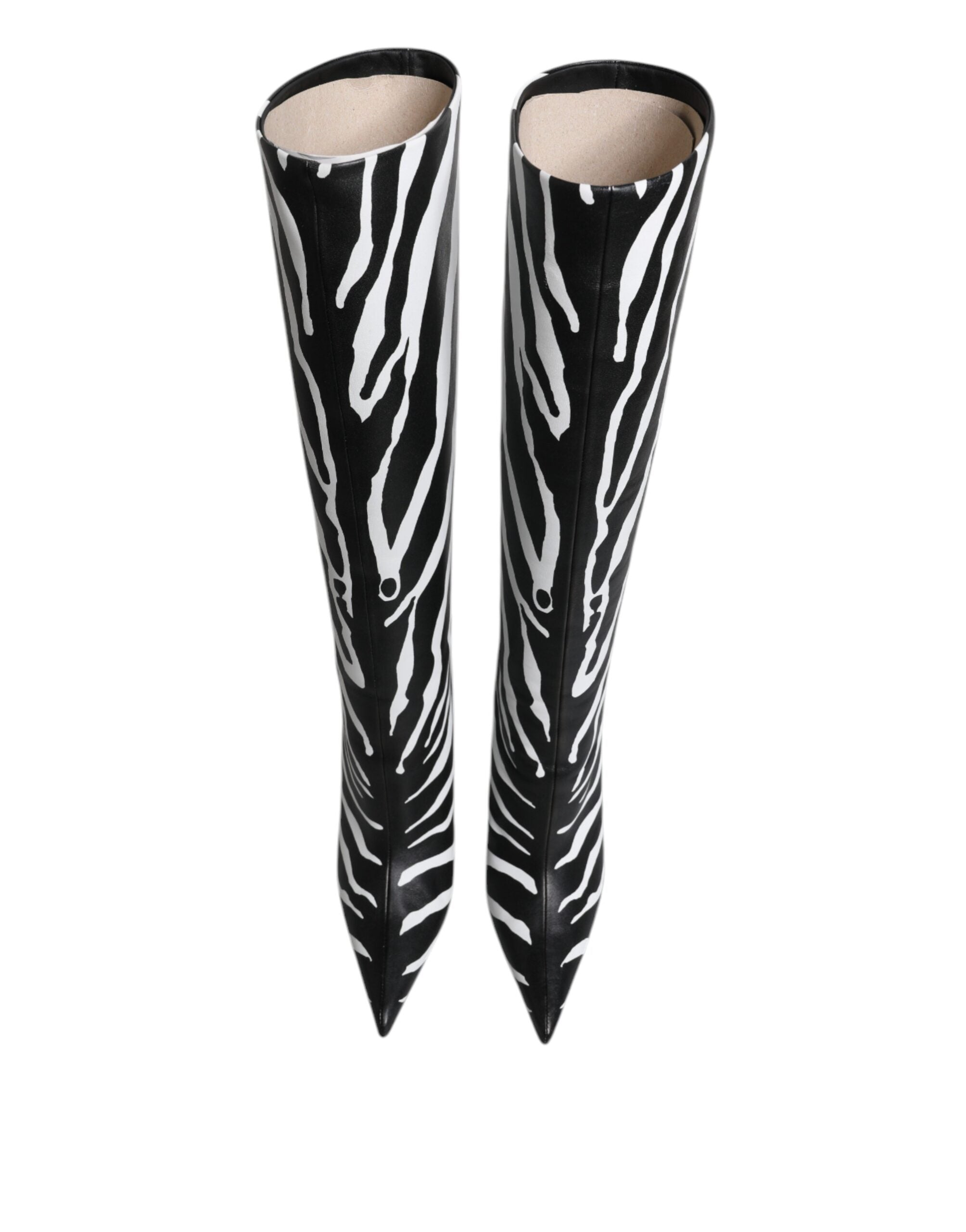 Black White Zebra Heels High Boots Shoes - ventzia