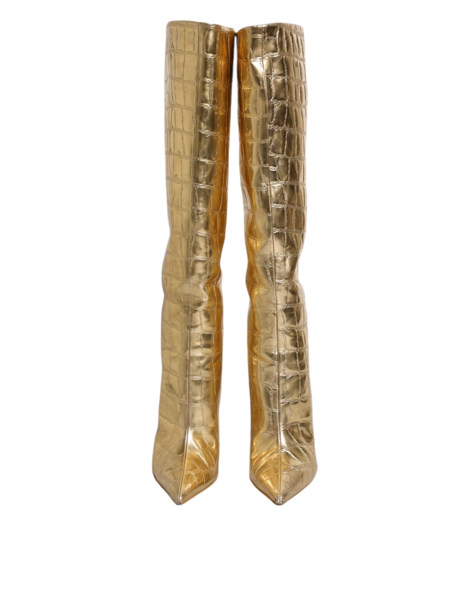 Gold Leather Stiletto Heels High Boots Shoes - ventzia