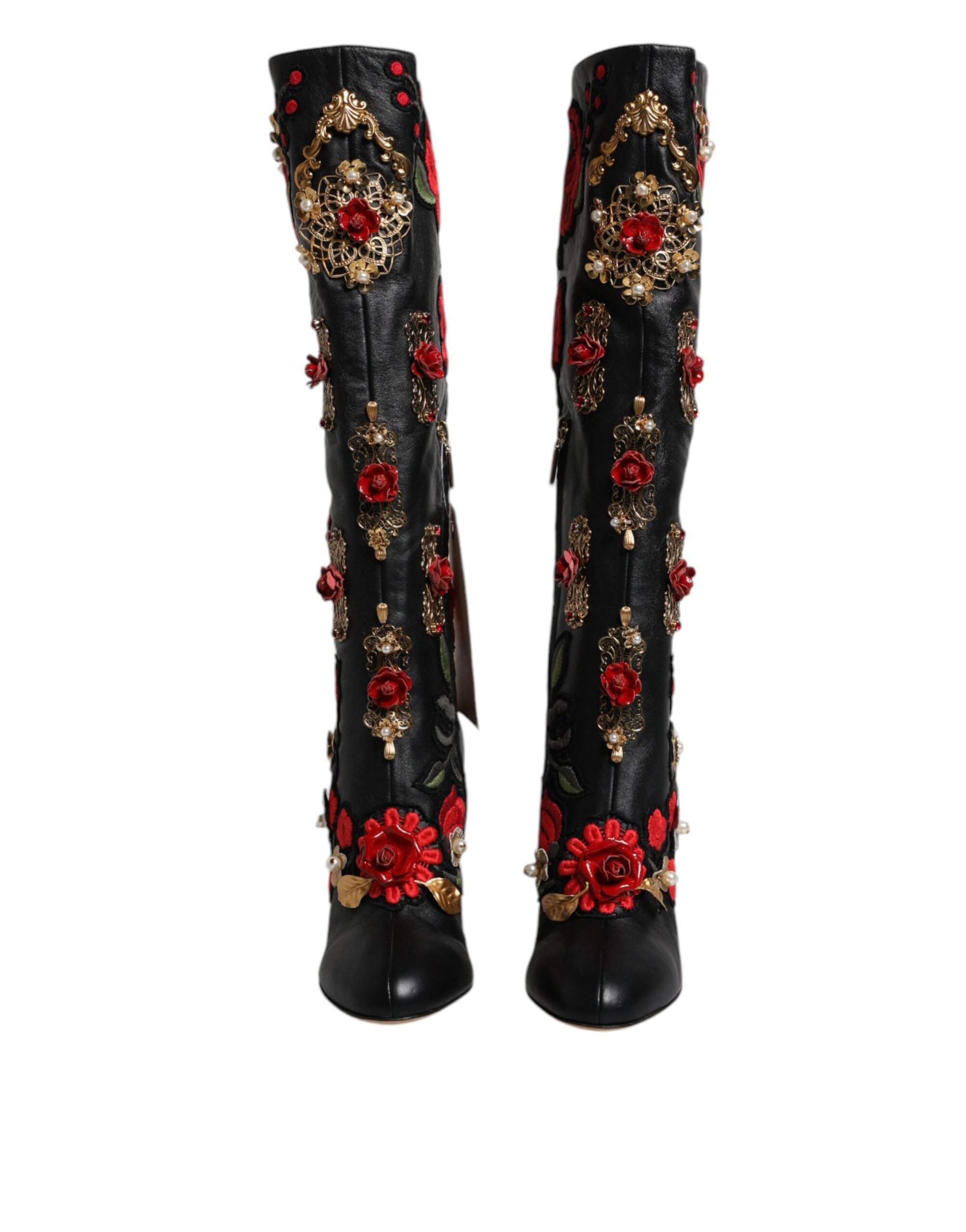 Black Roses Embellished Leather Heel Boots Shoes - ventzia