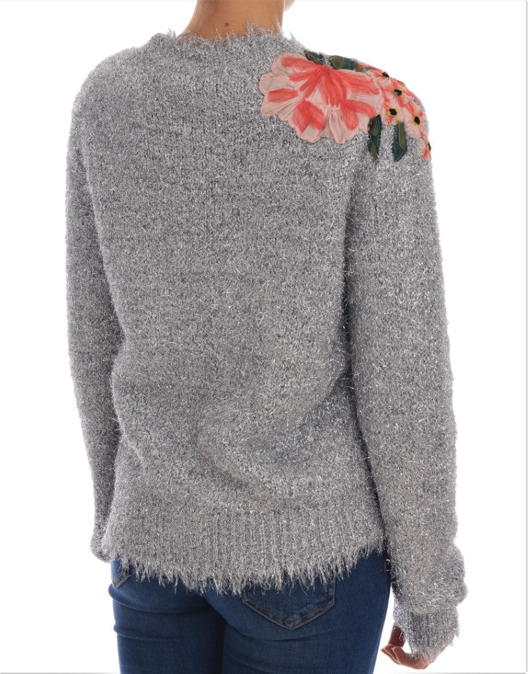 Elegant Silver Floral Applique Cardigan - ventzia