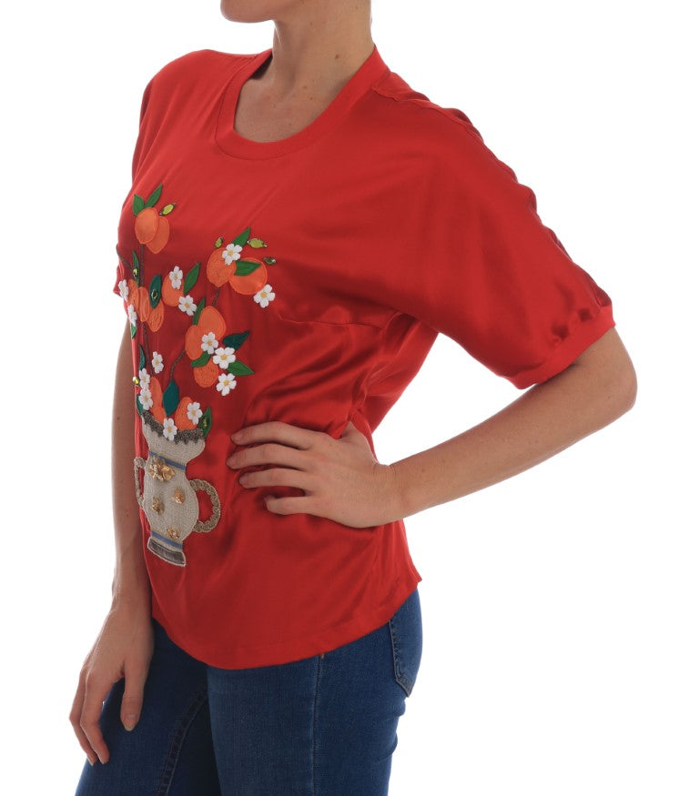 Elegant Red Silk Crystal-Embellished Blouse - ventzia