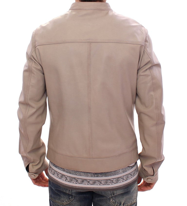 Elegant Beige Leather Lambskin Jacket - ventzia