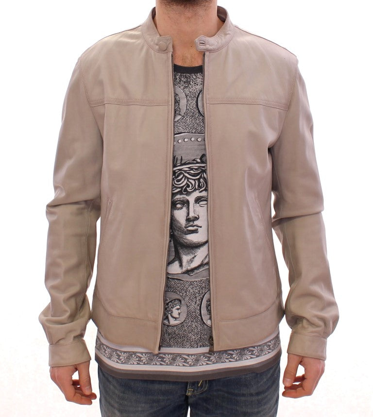 Elegant Beige Leather Lambskin Jacket - ventzia