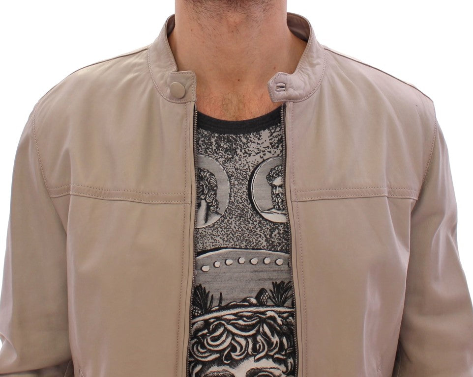 Elegant Beige Leather Lambskin Jacket - ventzia