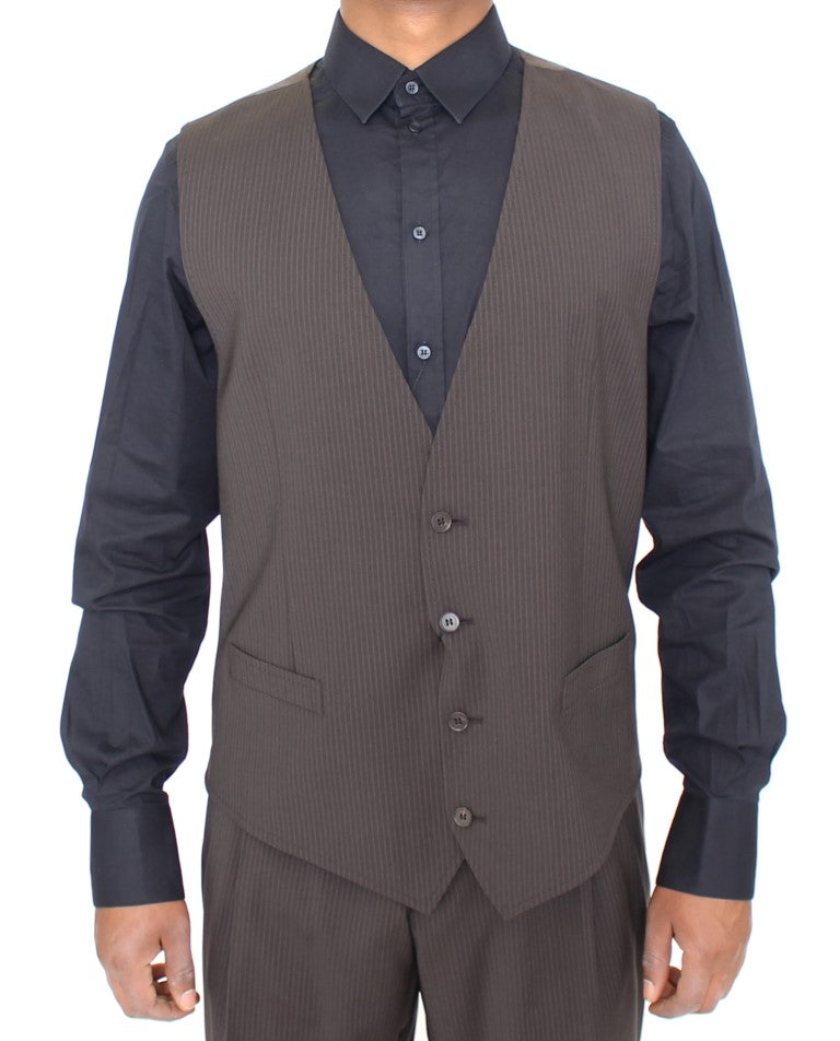 Elegant Brown Striped Wool Dress Vest - ventzia