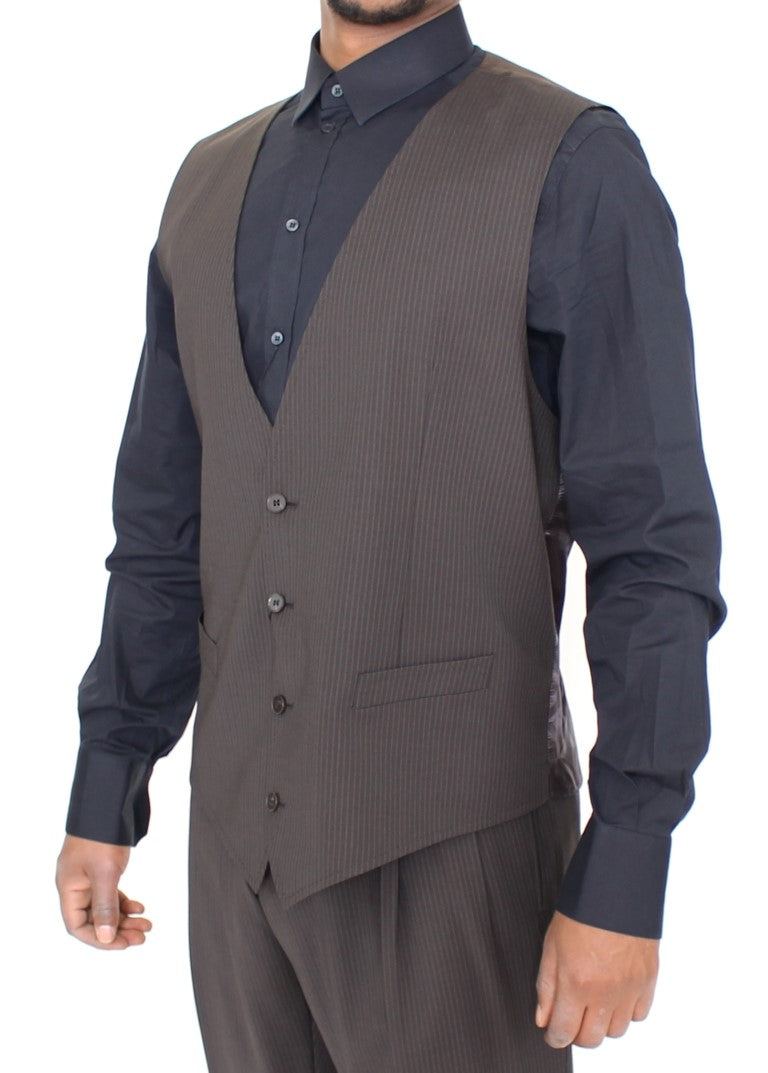 Elegant Brown Striped Wool Dress Vest - ventzia