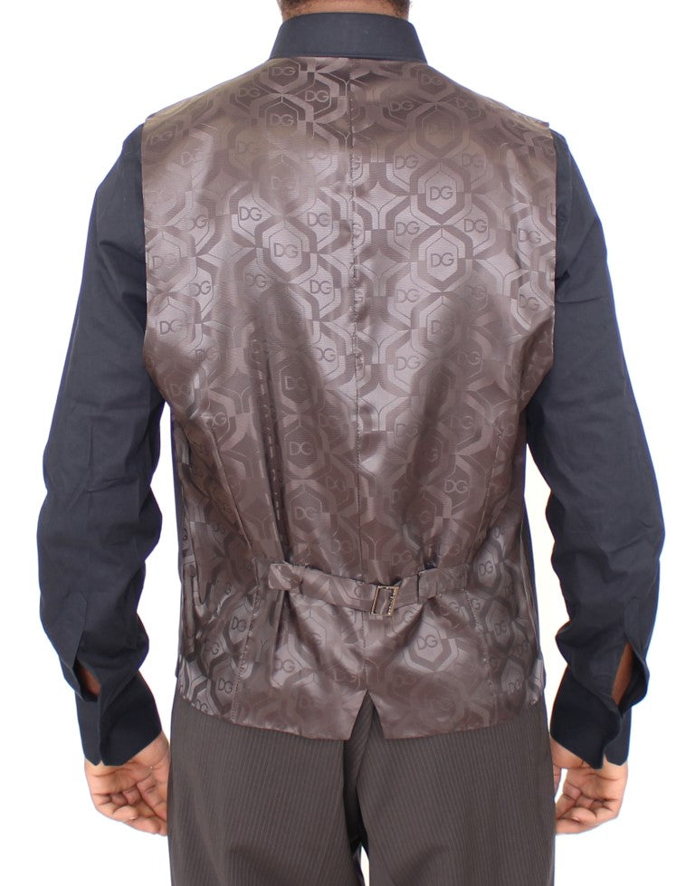 Elegant Brown Striped Wool Dress Vest - ventzia