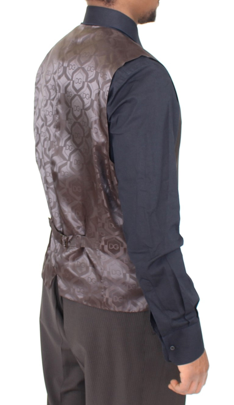 Elegant Brown Striped Wool Dress Vest - ventzia
