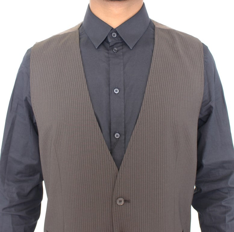 Elegant Brown Striped Wool Dress Vest - ventzia