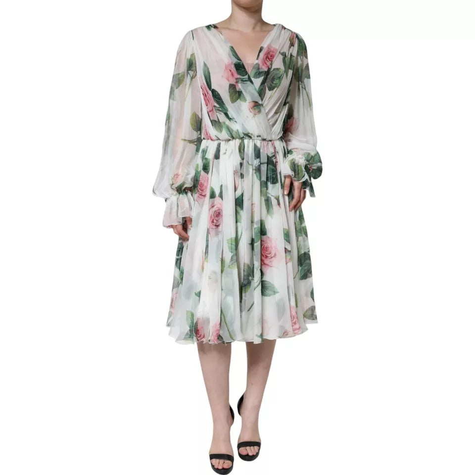White Silk Floral Print A-line Midi Dress - ventzia