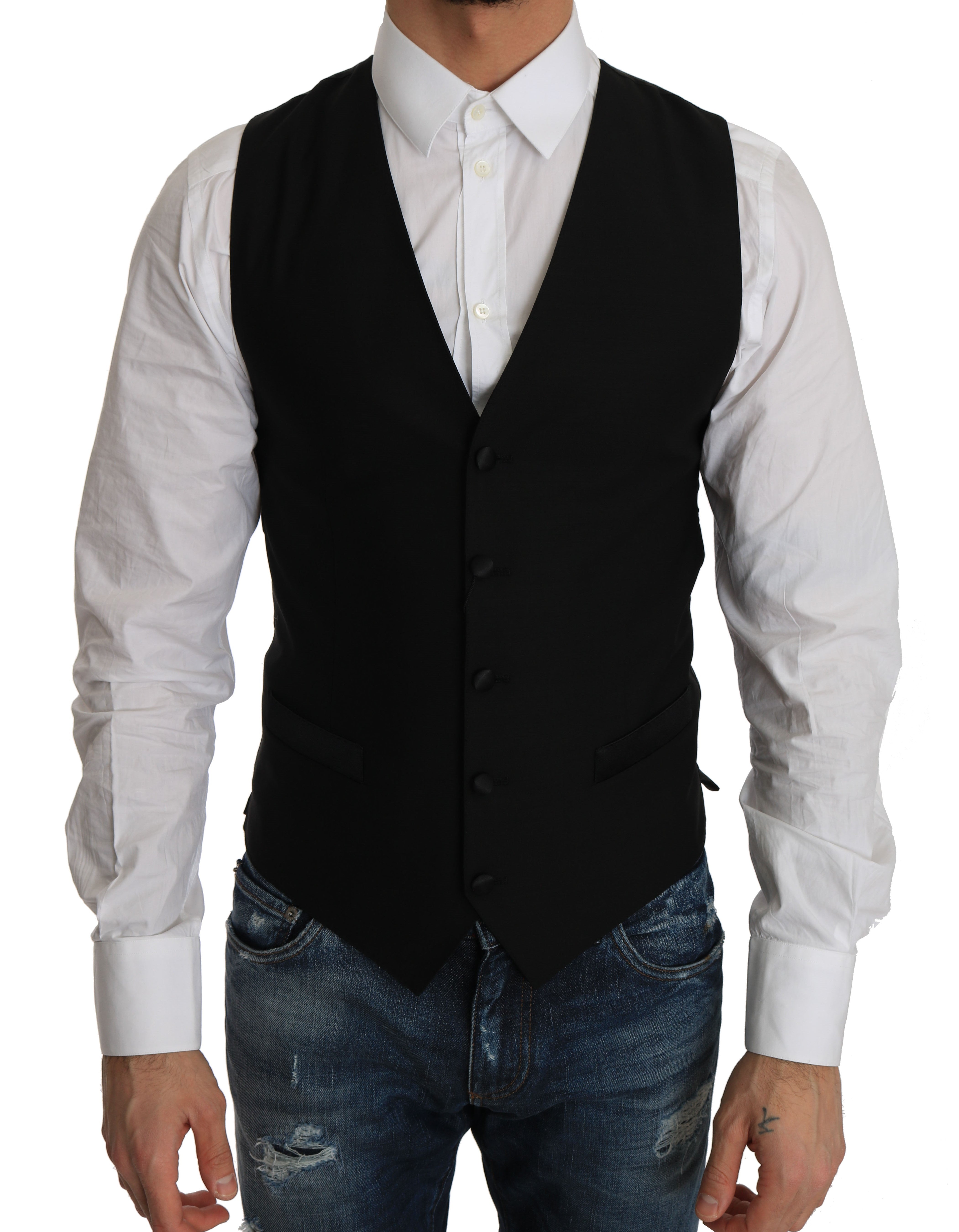 Sleek Black Wool Blend Formal Vest - ventzia