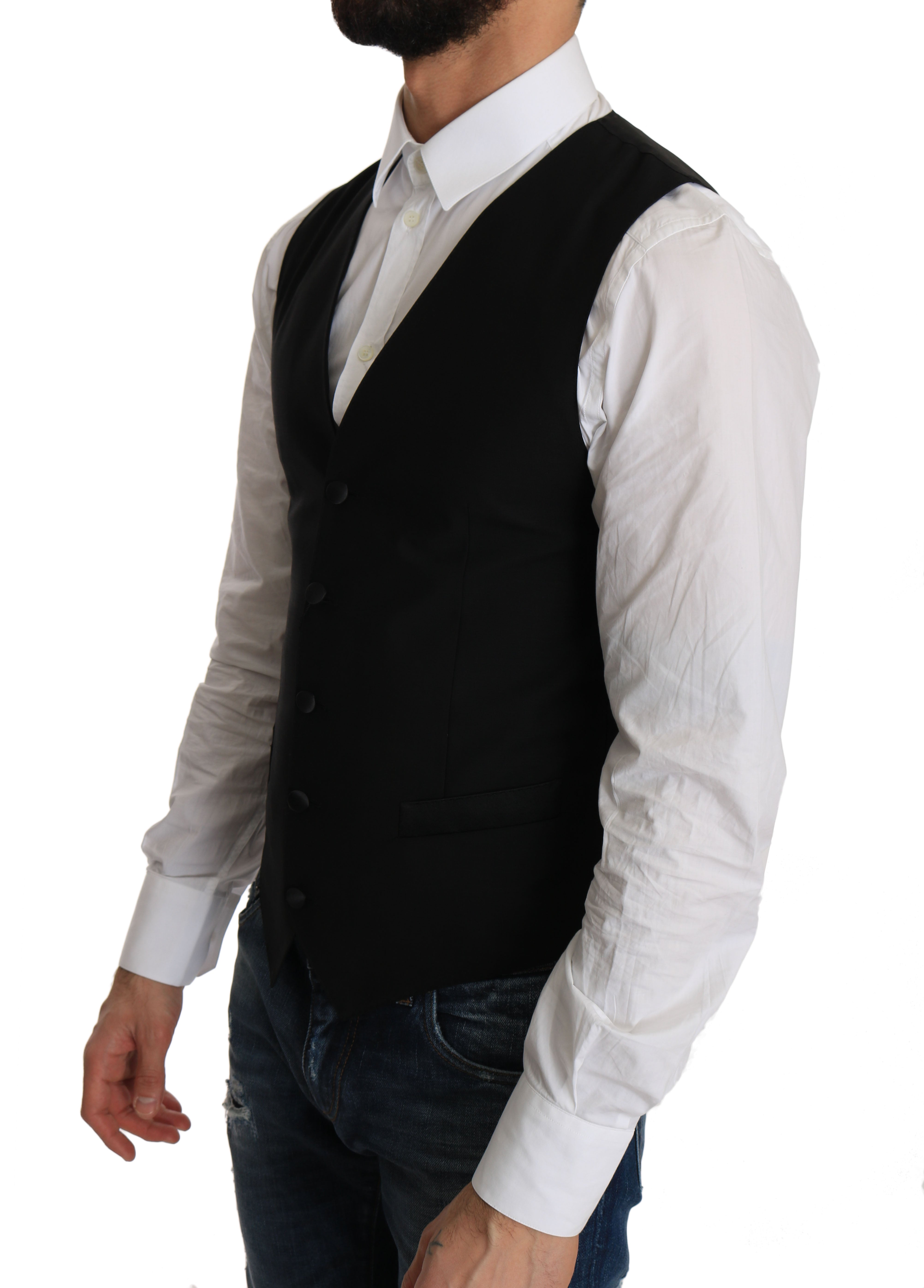 Sleek Black Wool Blend Formal Vest - ventzia