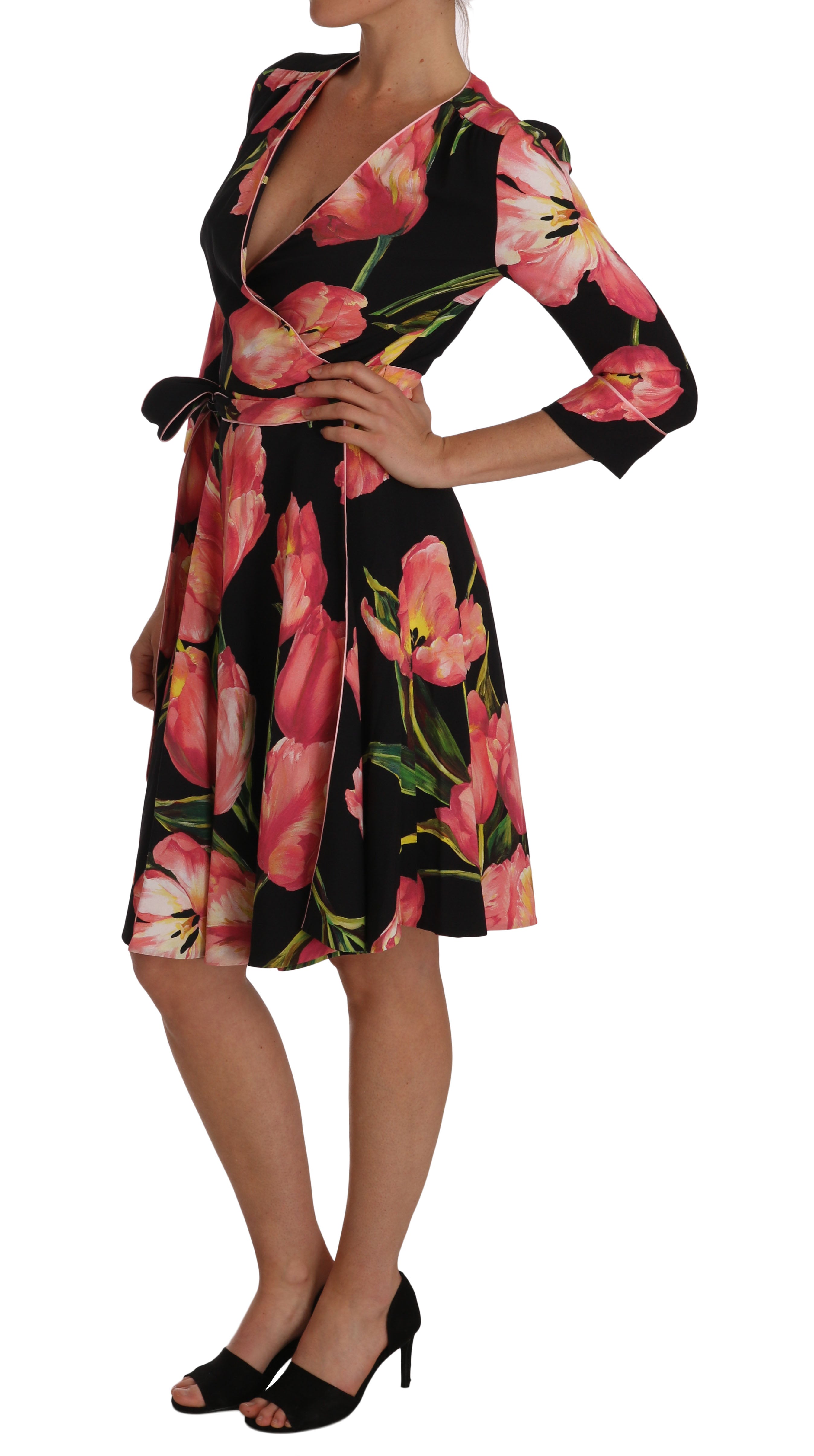 Elegant Black Shift Dress with Pink Tulips Print - ventzia